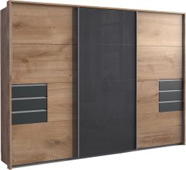 SOGO 3 Door Mirrored Sliding Wardrobe with 6 Drawers Oak with Grey - 270cm