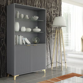 LUKMAN Modern Display Cabinet Matt Body with Gold Handles And Glass Shelves 170cm - Grey