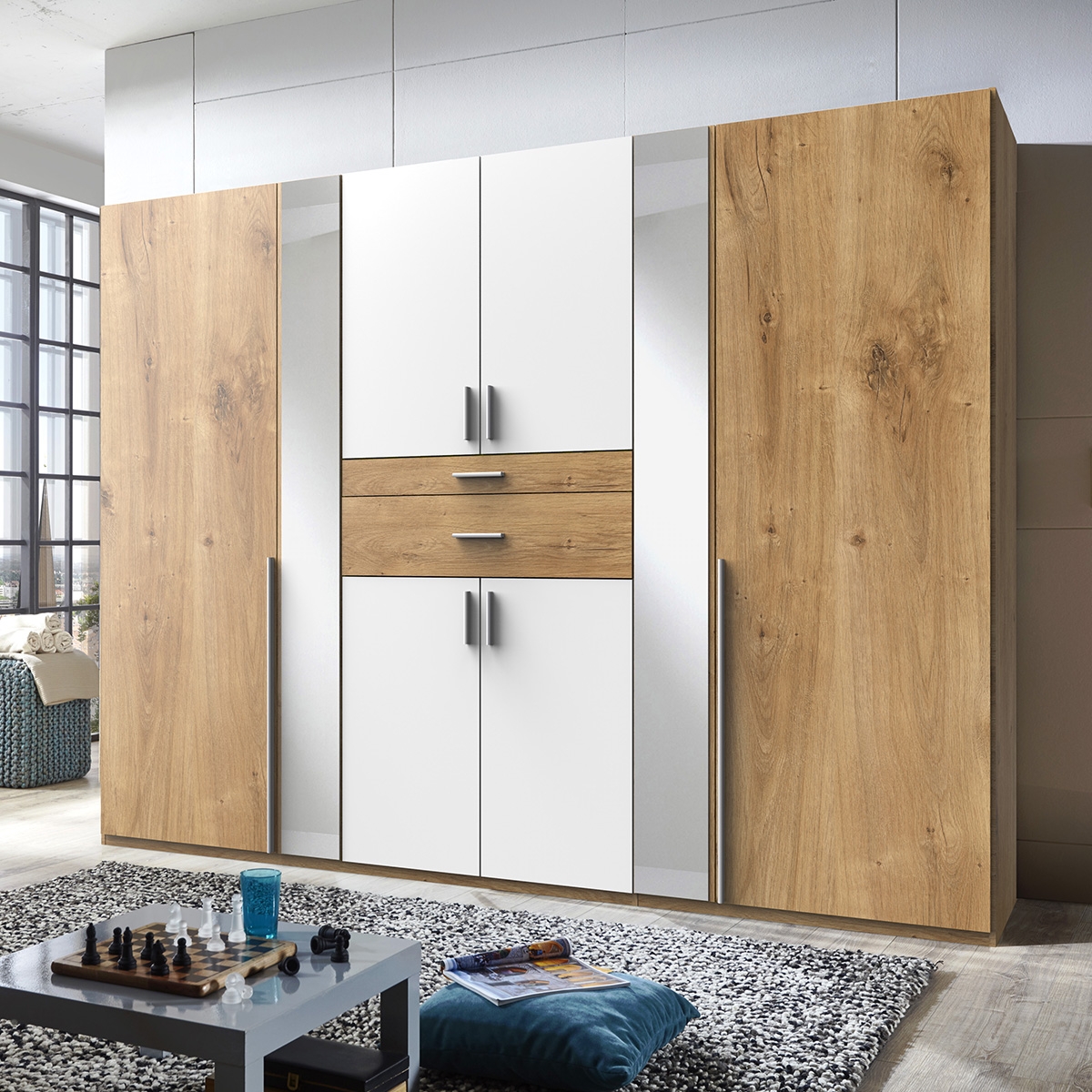 ODENSE 6 Door Mirrored Wardrobe White and Planked Oak - 270cm