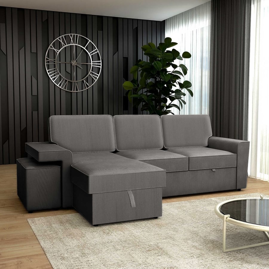 BECKMERE Fabric 3 Seater L Shaped Corner Sofa Bed - Graphite, Reversible Facing