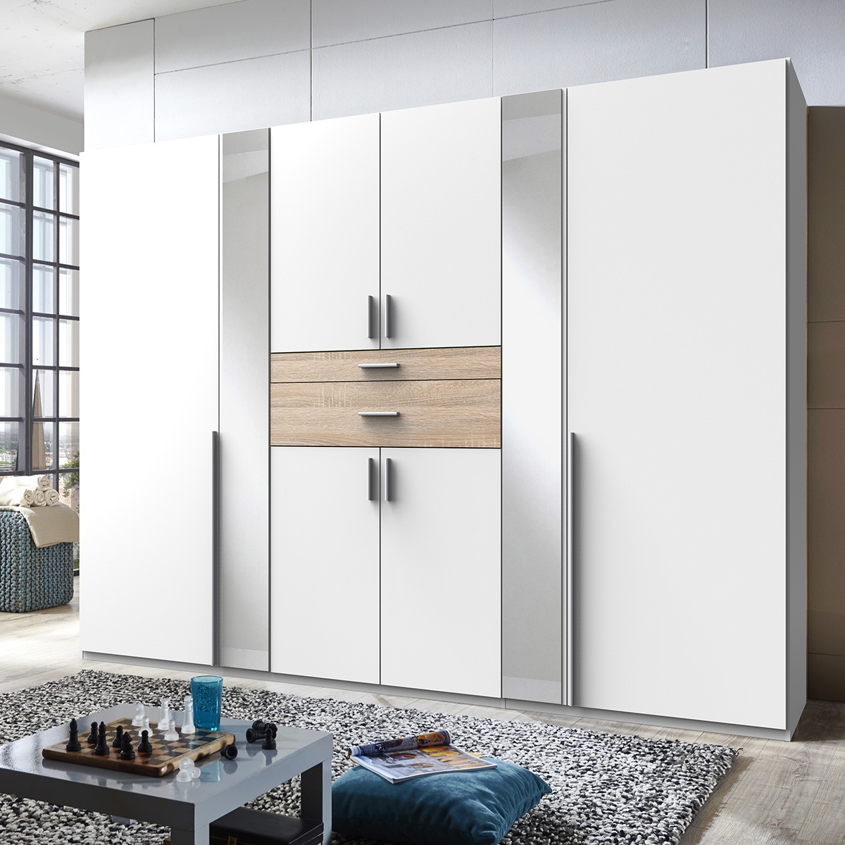 ODENSE 6 Door Mirrored Wardrobe White and Oak - 270cm