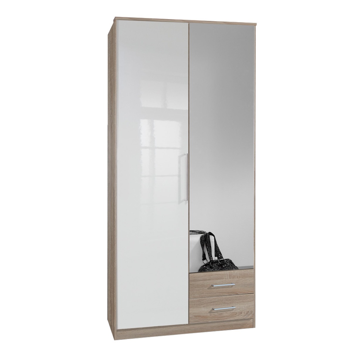 GEMA 2 Door Mirrored Wardrobe with 2 Drawers Oak and White Gloss - 90cm