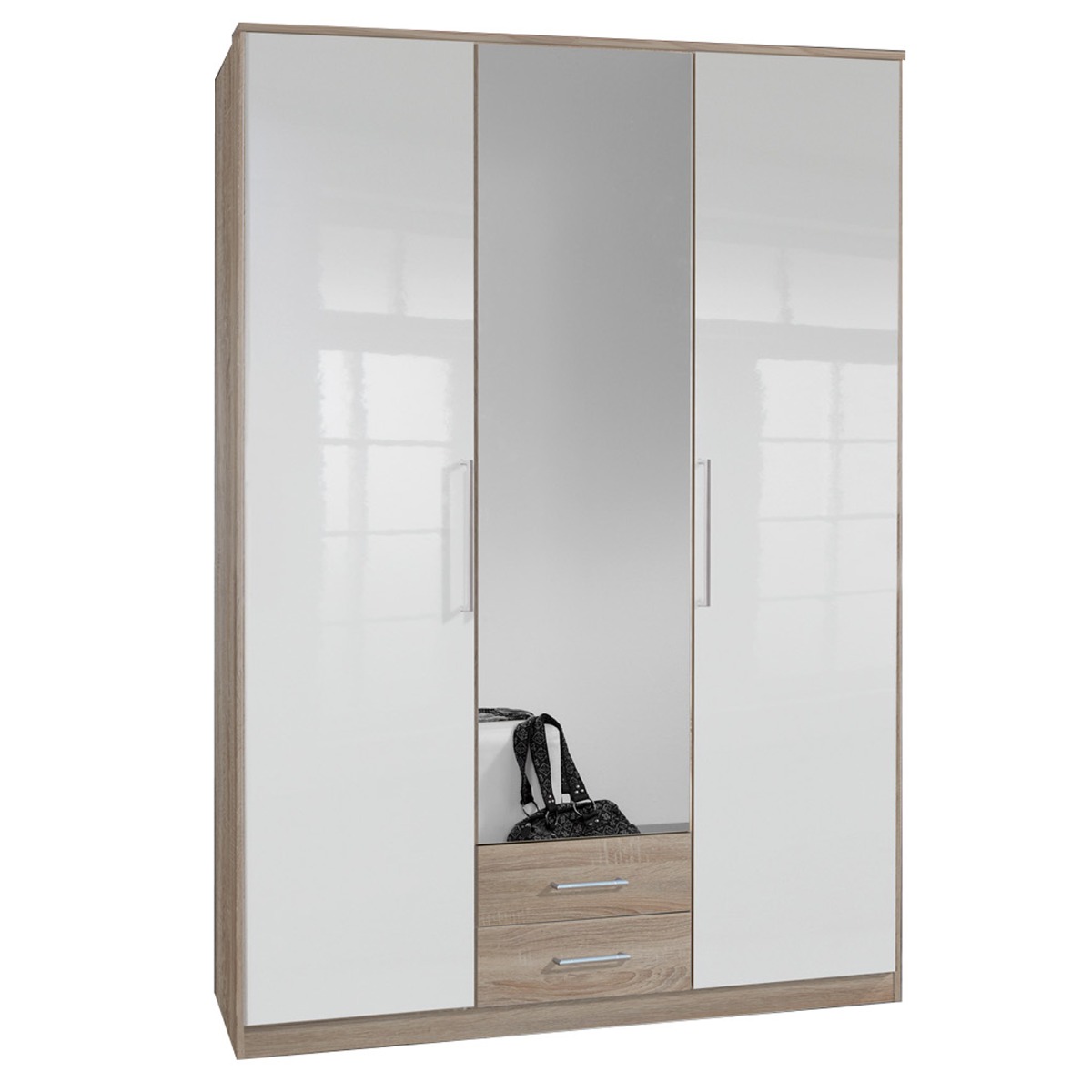 GEMA 3 Door Mirrored Wardrobe Oak and White Gloss - 135cm