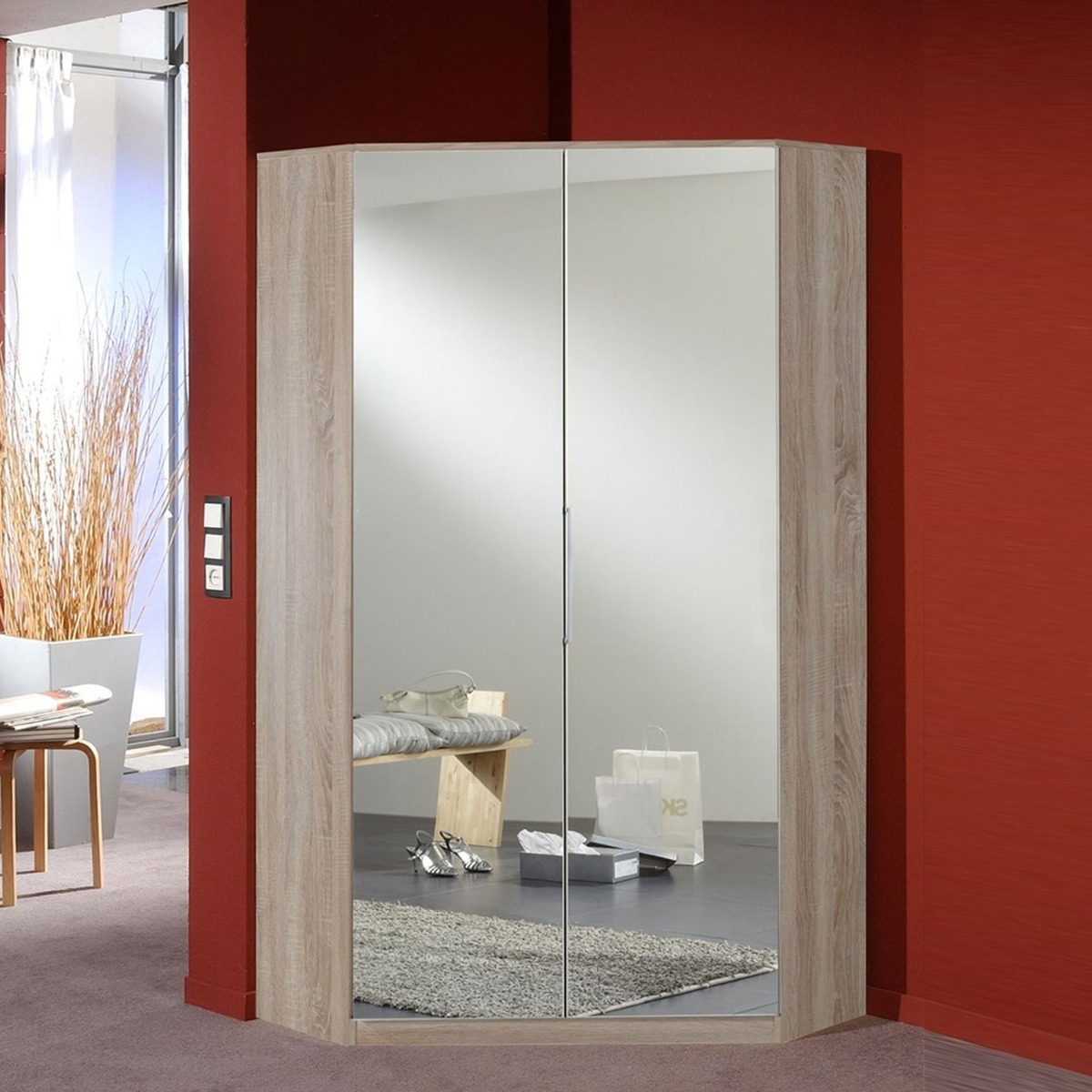 GEMA 2 Door Mirrored Corner Wardrobe Oak - 95cm