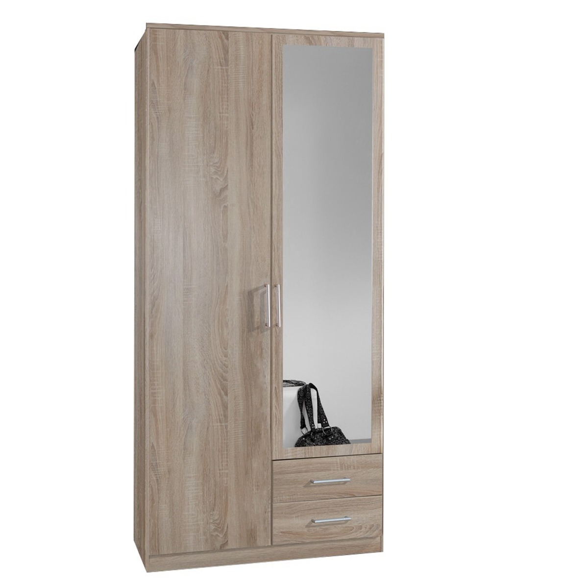 OKHRA 2 Door Mirrored Wardrobe with 2 Drawers Oak - 90cm