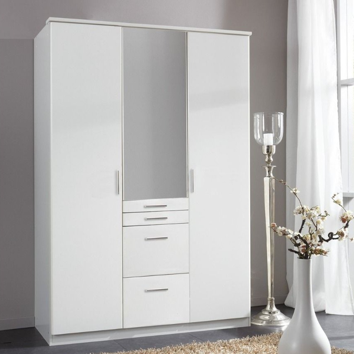 ACORN 3 Door Mirrored Wardrobe with 4 Drawers White - 135cm