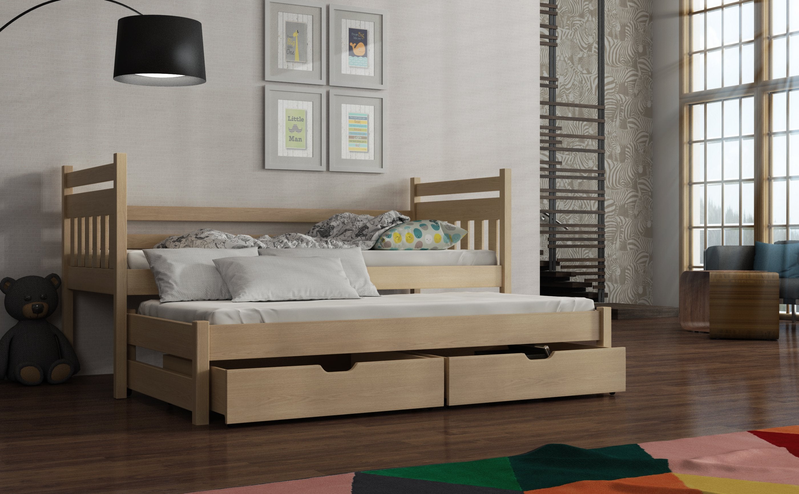 NEIL Wooden 2 Drawers Storage Double Bed with Trundle and Bonnell Foam Mattress - Pine