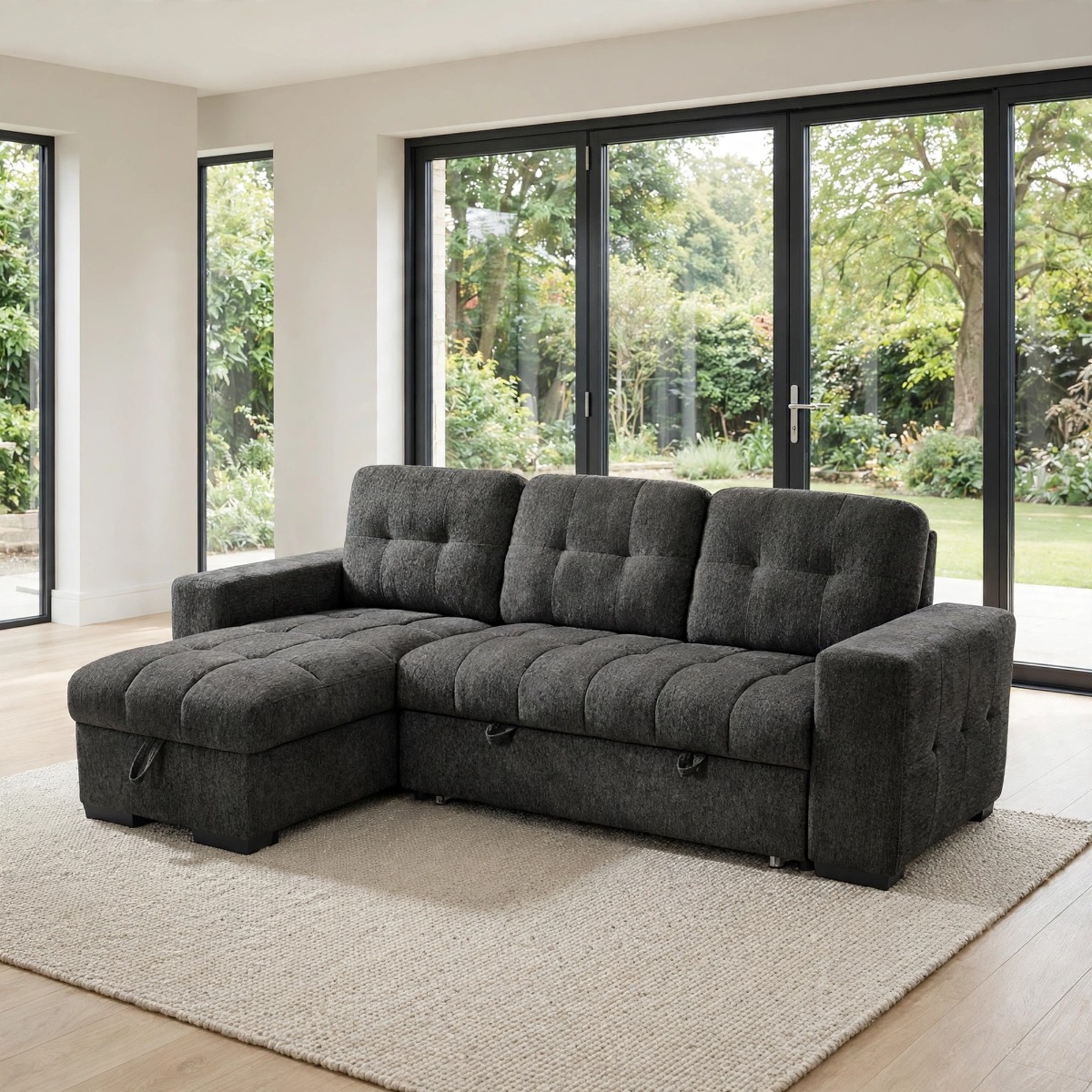 DONATELLO Fabric 3 Seater L Shaped Corner Sofa Bed - Grey, Reversible Facing