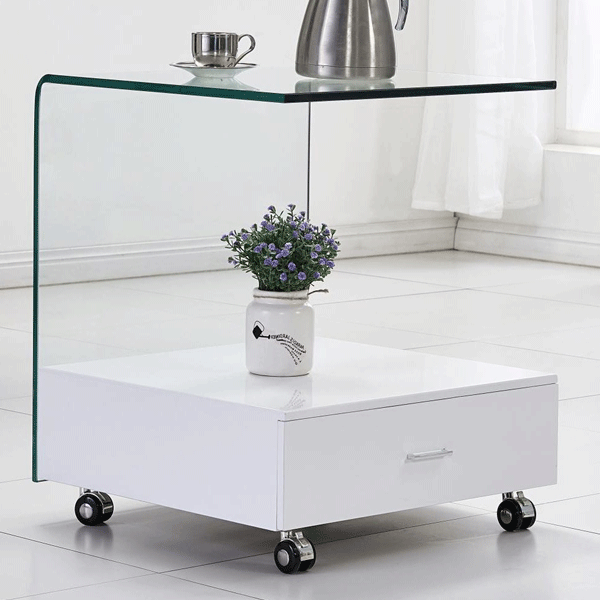 Hove Square Glass Lamp Side Table with High Gloss Drawer - White