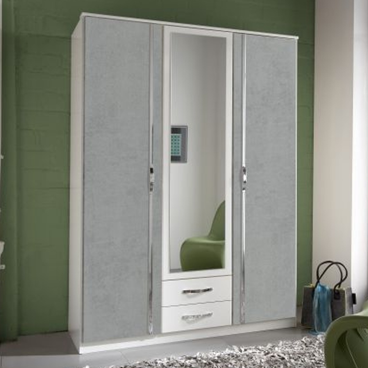 DAYTON 3 Door Mirrored Wardrobe with 2 Drawers White and Grey - 135cm