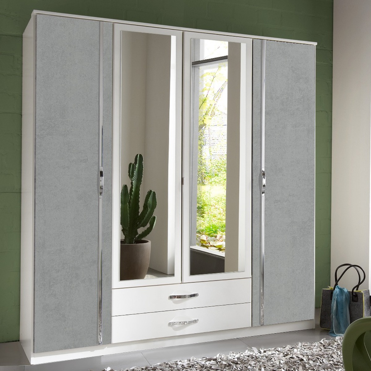 DAYTON 4 Door Mirrored Wardrobe with 2 Drawers White and Grey - 180cm