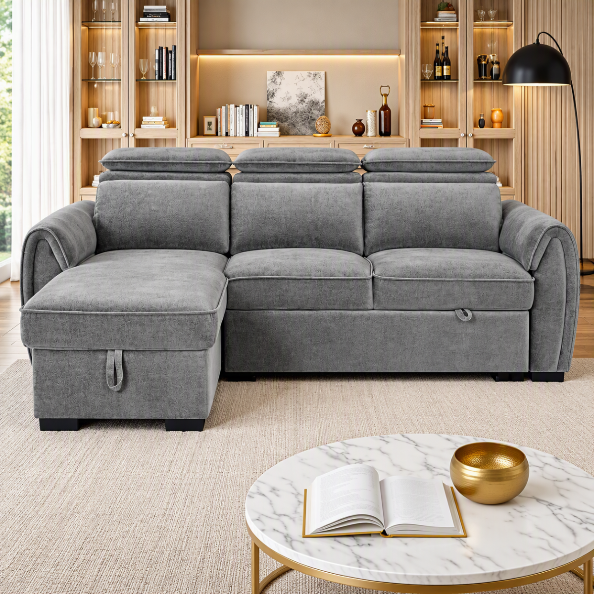 SELWICK Fabric 3 Seater L Shaped Sofa Bed - Reversible Facing - Dark Grey