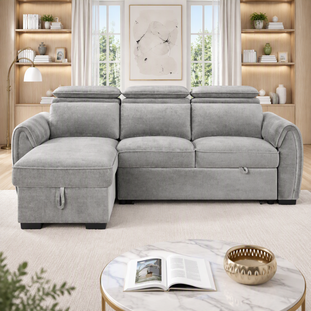 SELWICK Fabric 3 Seater L Shaped Sofa Bed - Reversible Facing - Grey