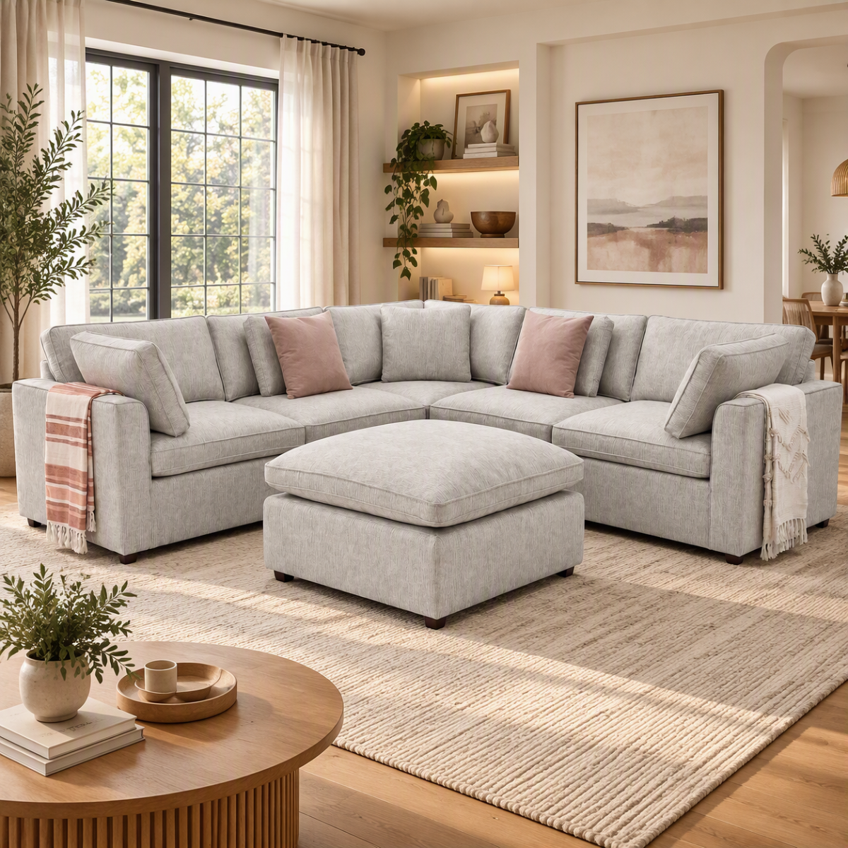 BRAYMERE Fabric Large 5 Seater L Shaped Corner Sofa with Footstool - Grey