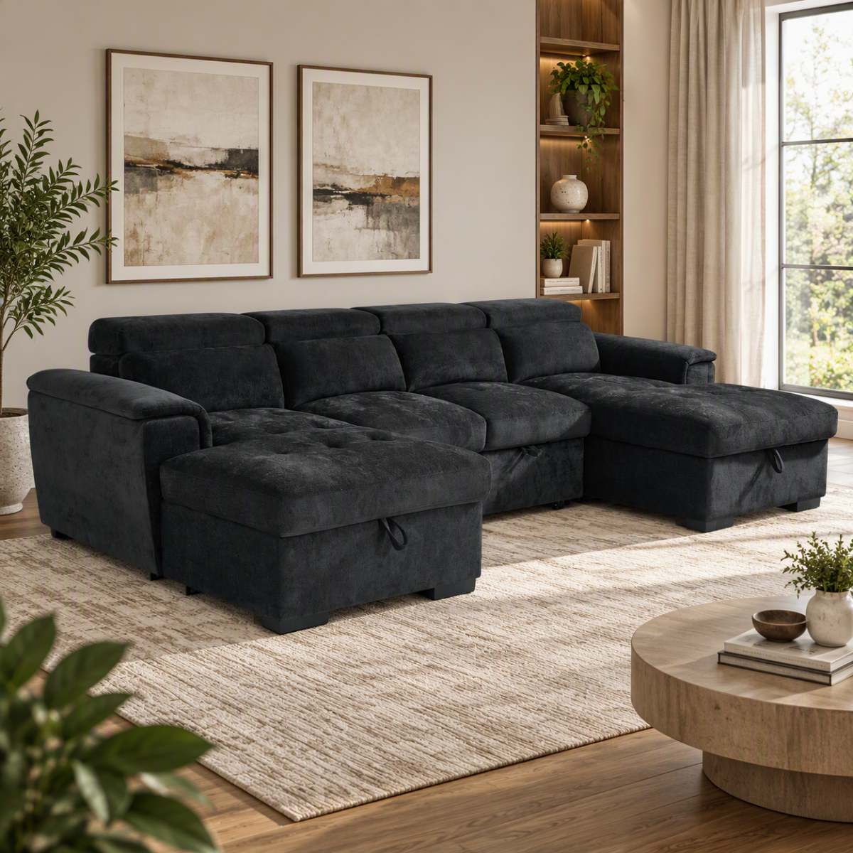 GRACELLO Fabric 6 Seater U Shaped Corner Sofa Bed - Black