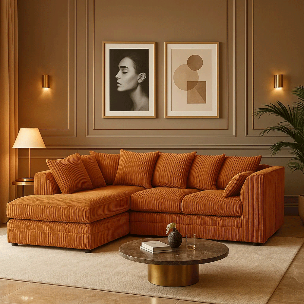 DESMOND Jumbo Cord 4 Seater Corner Sofa - L Shaped - Left Hand Facing - Orange