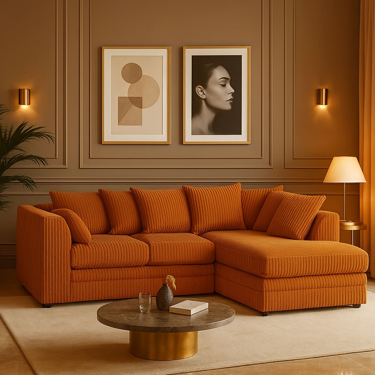 DESMOND Jumbo Cord 4 Seater Corner Sofa - L Shaped - Right Hand Facing - Orange