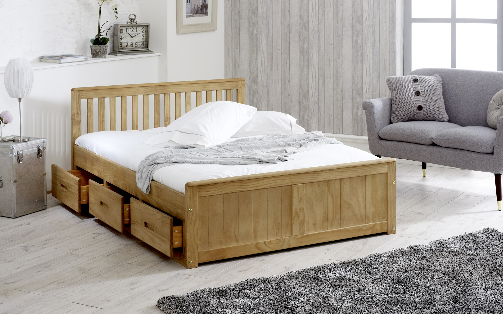 Small Double Bed - LISSON 4ft Wooden Bed with Storage Drawers Oak Finish