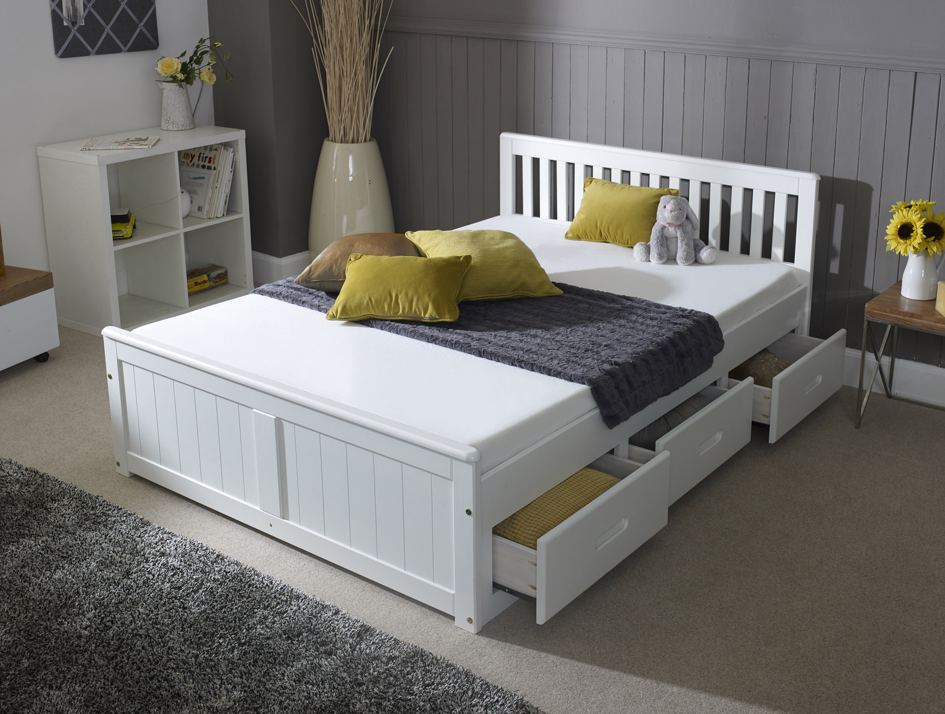 Small Double Bed - LISSON 4ft Wooden Bed with Storage Drawers White