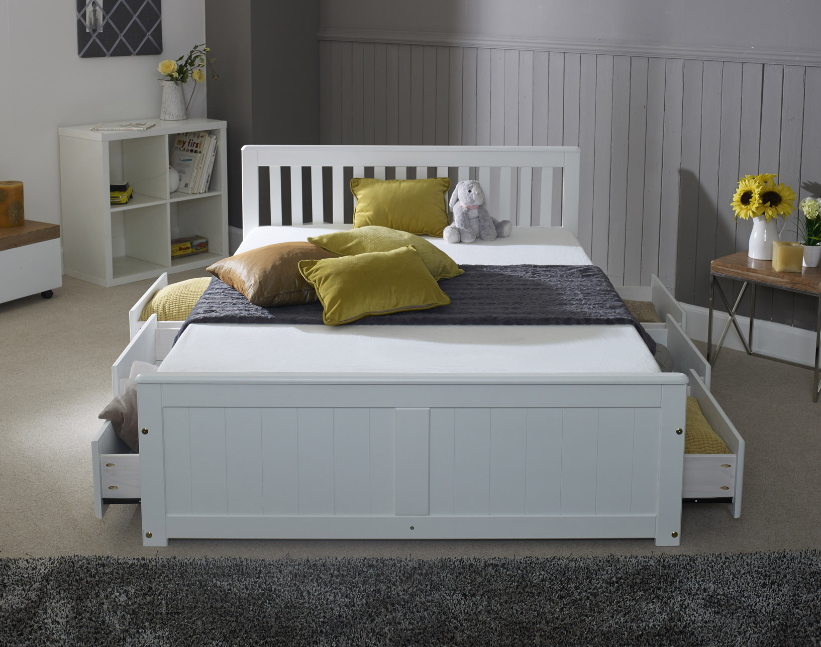 Double Bed - LISSON 4ft6 Wooden Bed with Storage Drawers White