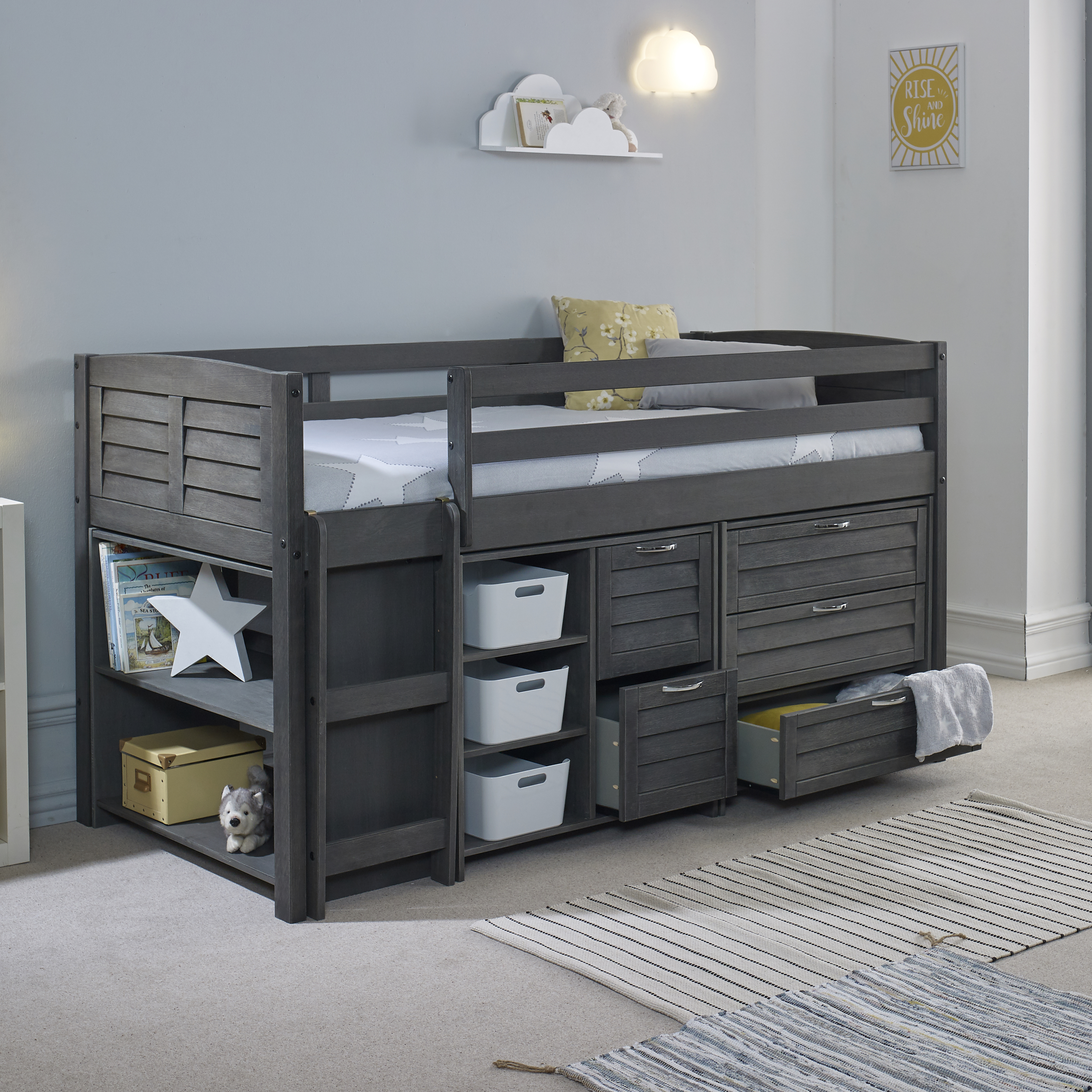 Single Bed - FOZY 3ft Cabin Bed Midsleeper with Storage Drawers and Shelves Grey - Left