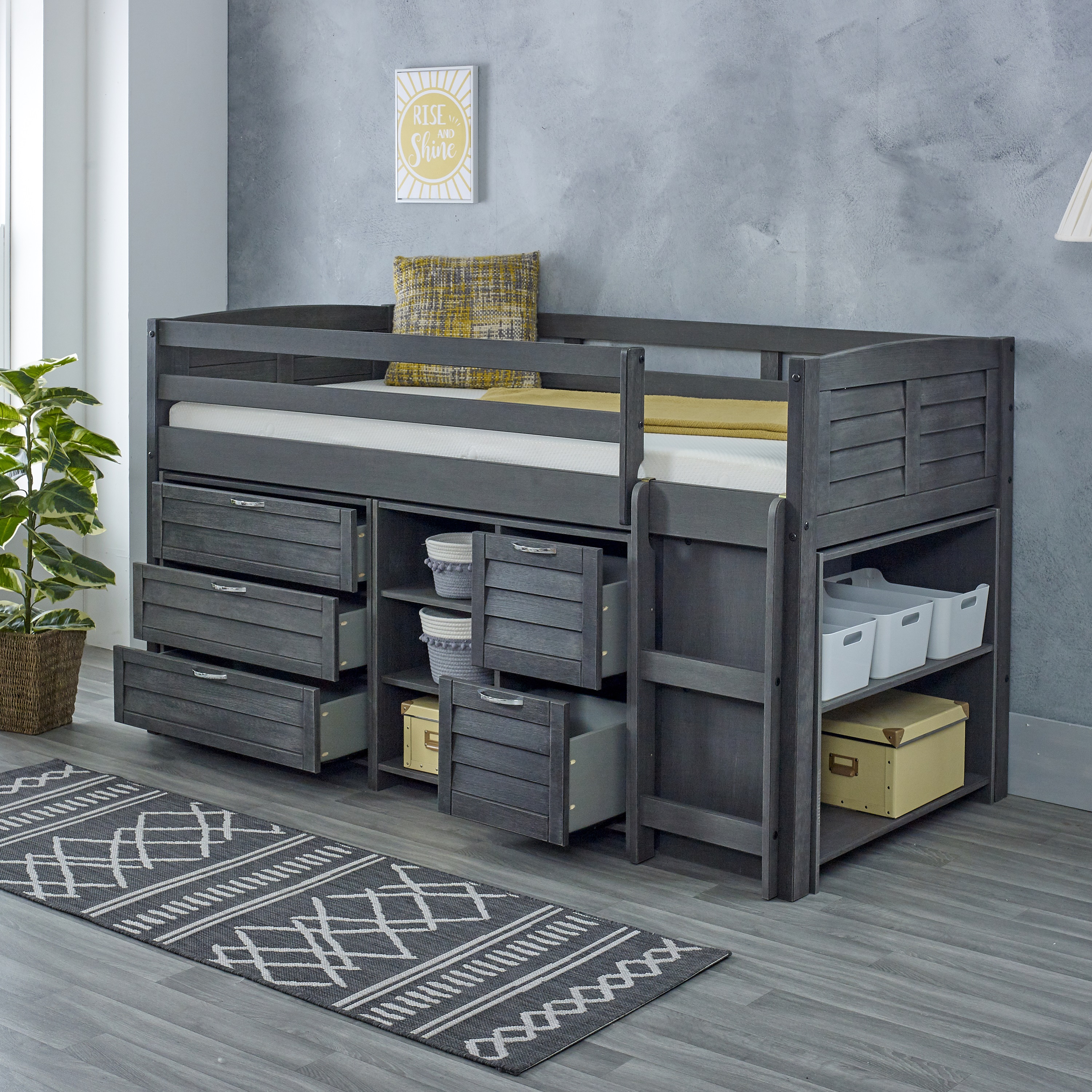 Single Bed - FOZY 3ft Cabin Bed Midsleeper with Storage Drawers and Shelves Grey - Right