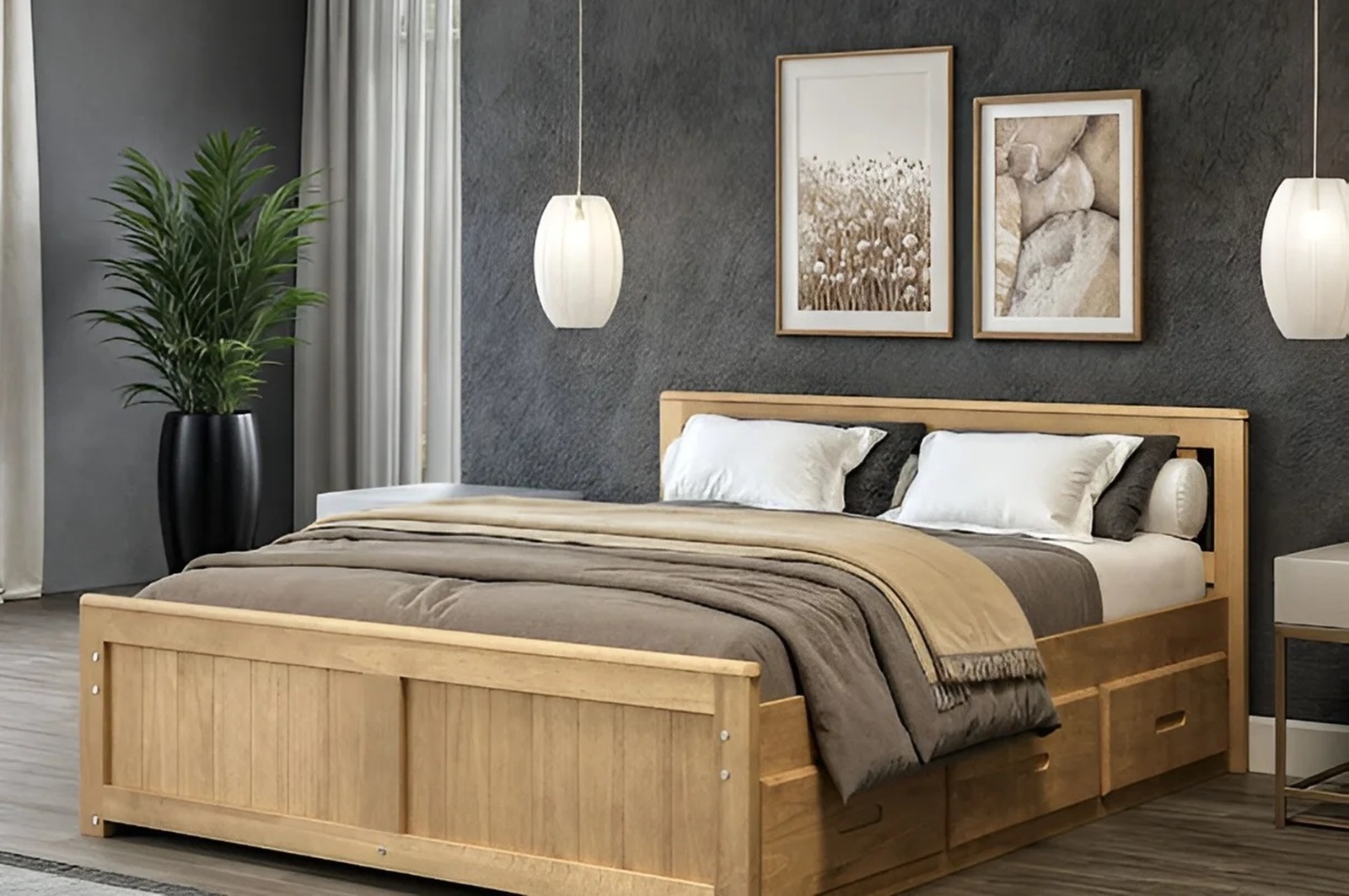 Kingsize Bed - LISSON 5ft Wooden Bed with Storage Drawers Oak Finish