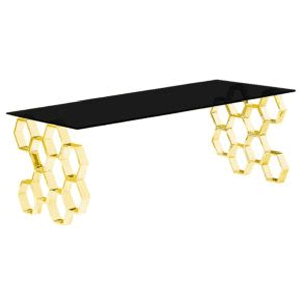 Calistoga Rectangular Stylish Golden Frame Coffee Table in Black Glass Top