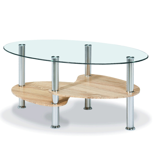 Matlock Oval Glass Coffee Table with Stylish Shelving in Stainless Steel Frame - Natural