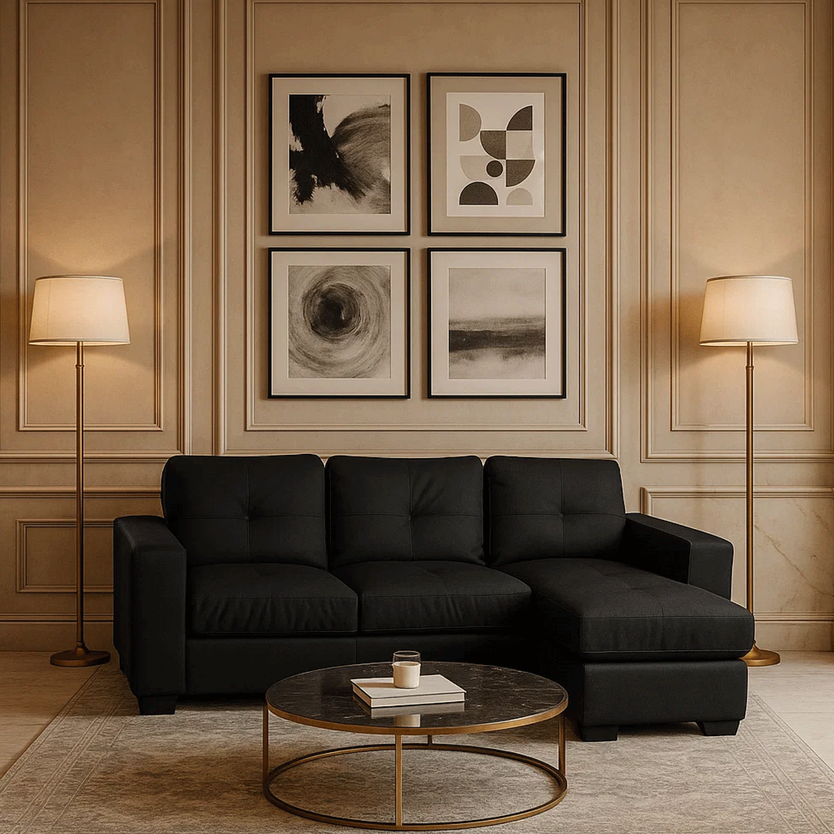Ballymena Luxurious Corner 3 Seater Sofa in Bonded Leather - Black