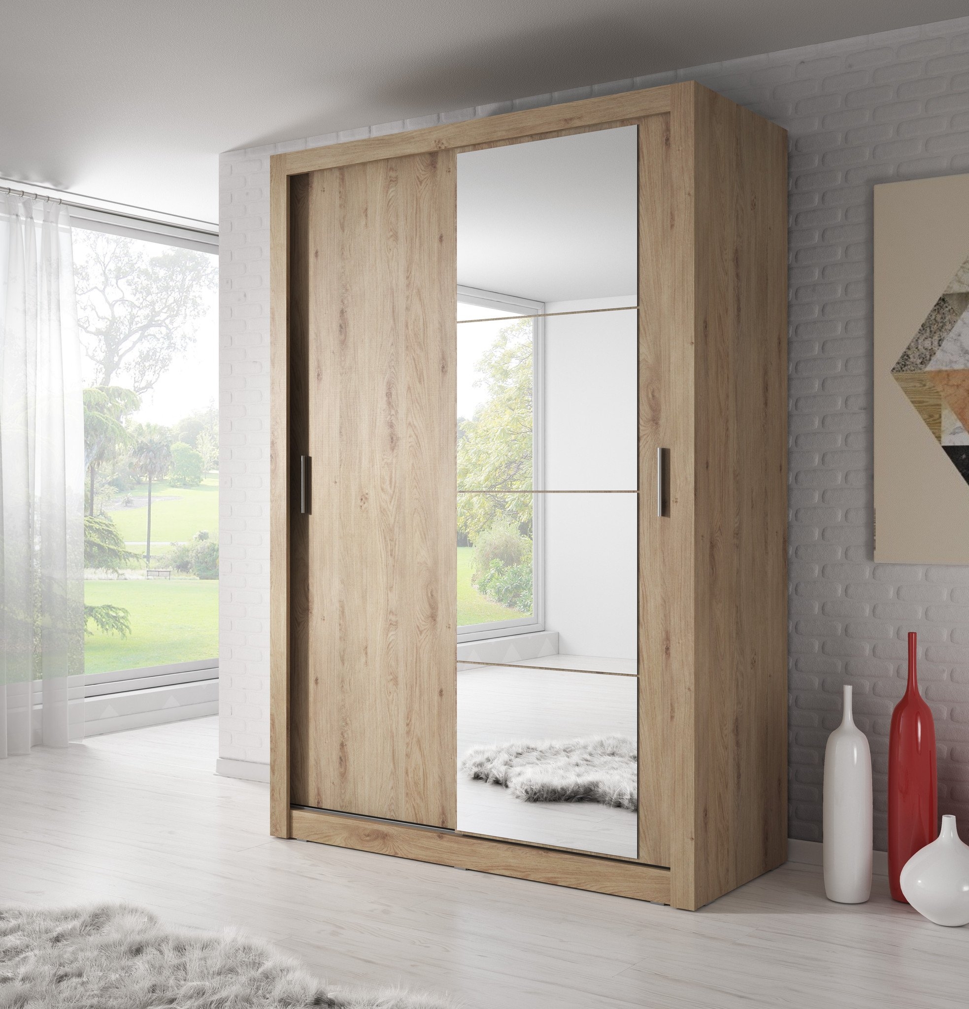 ARTU 2 Door Mirrored Sliding Wardrobe Oak - 150cm