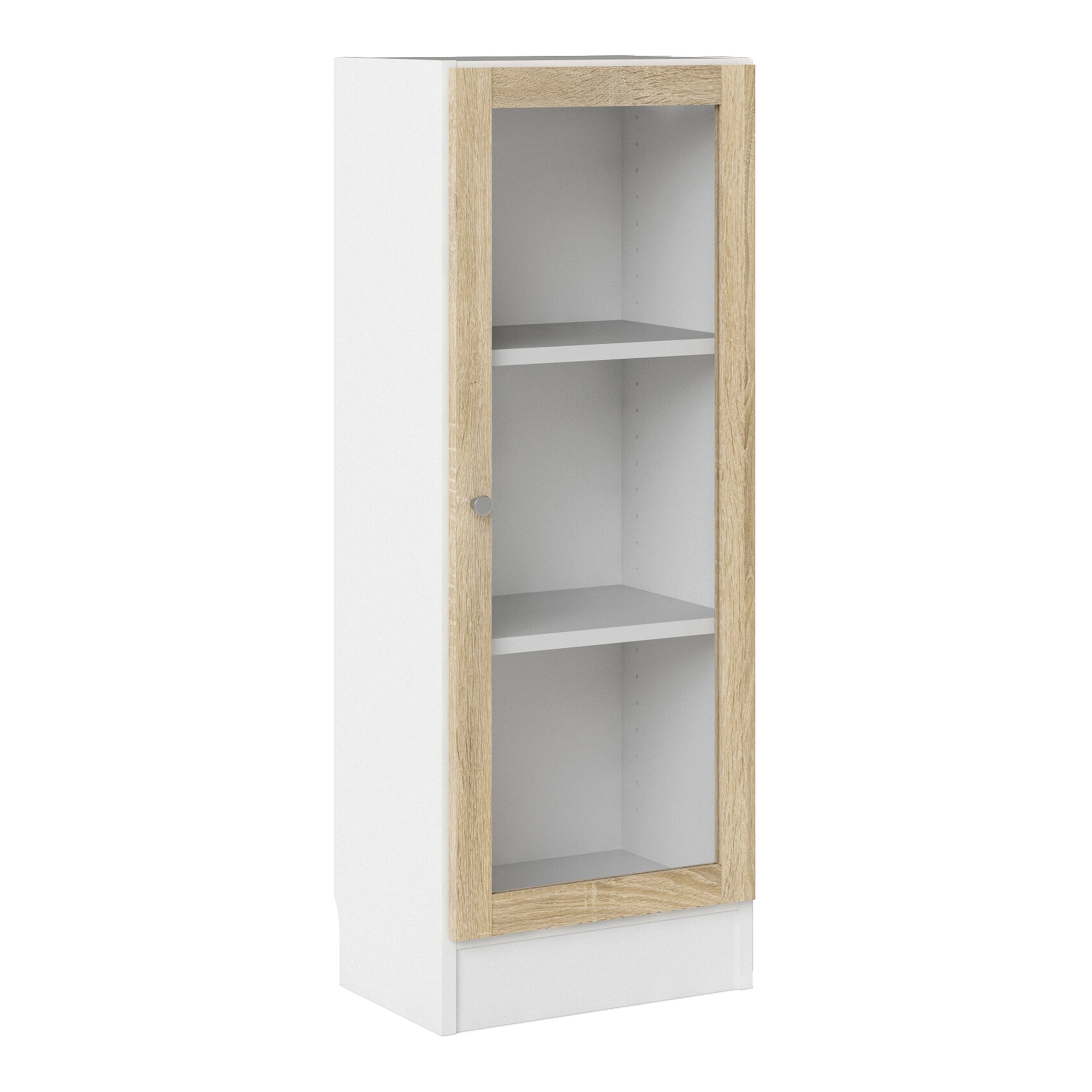 WRAYNE Low Narrow Display Cabinet with 2 Shelves and Glass Door - White with Oak