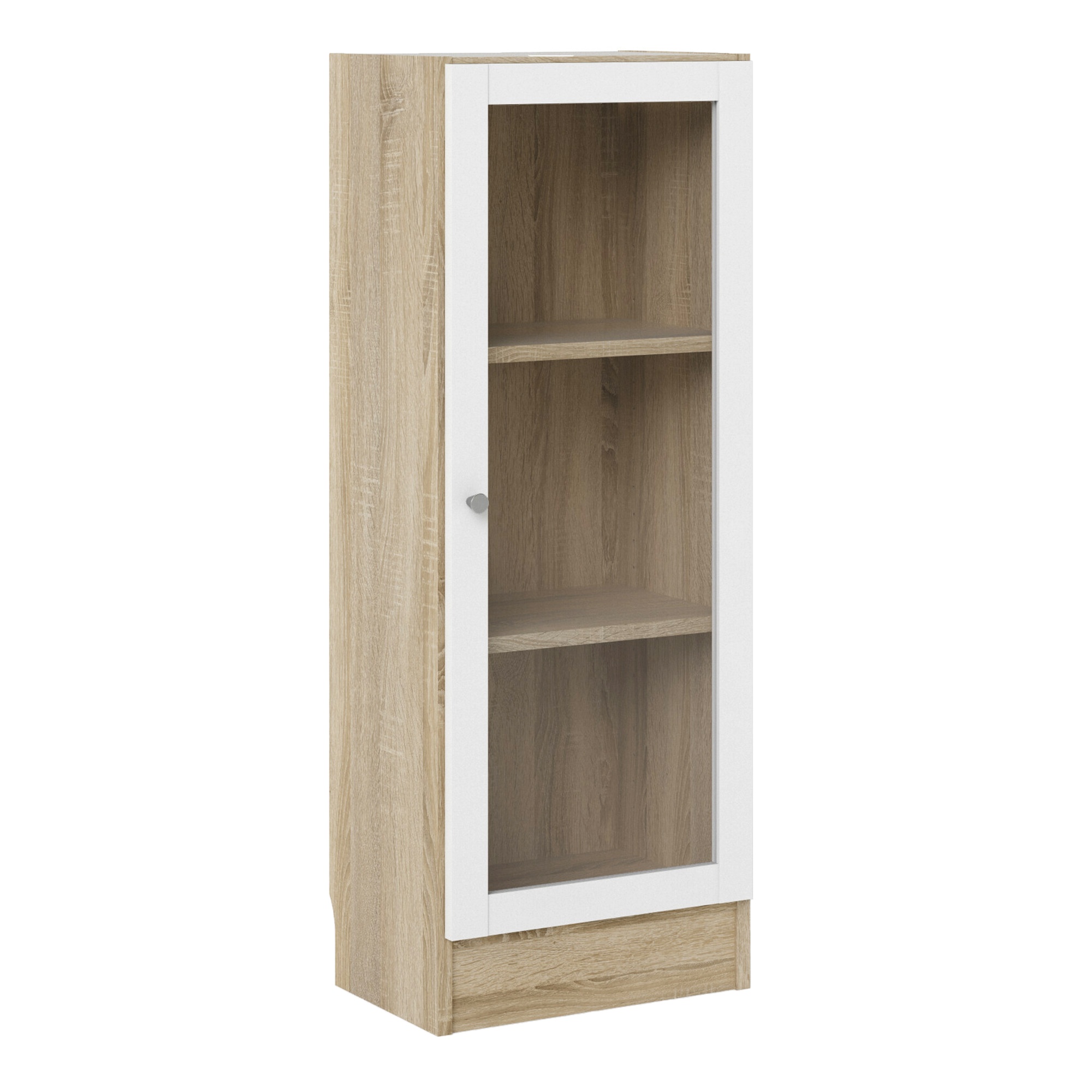 WRAYNE Low Narrow Display Cabinet with 2 Shelves and Glass Door - Oak with White