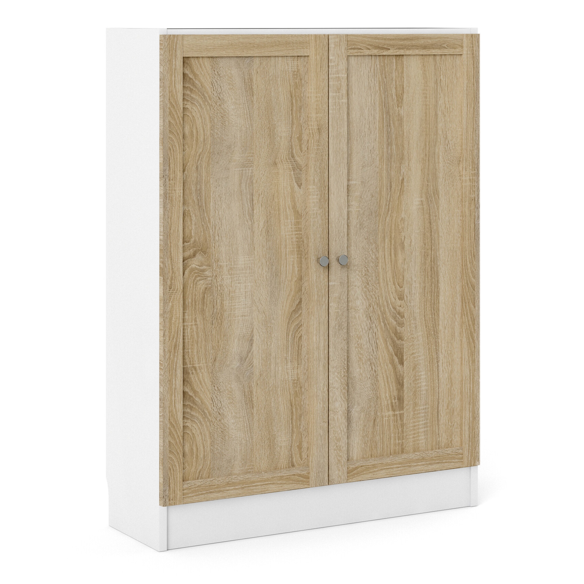 WRAYNE Low Wide Bookcase Storage Cabinet with 2 Shelves and 2 Doors - White with Oak