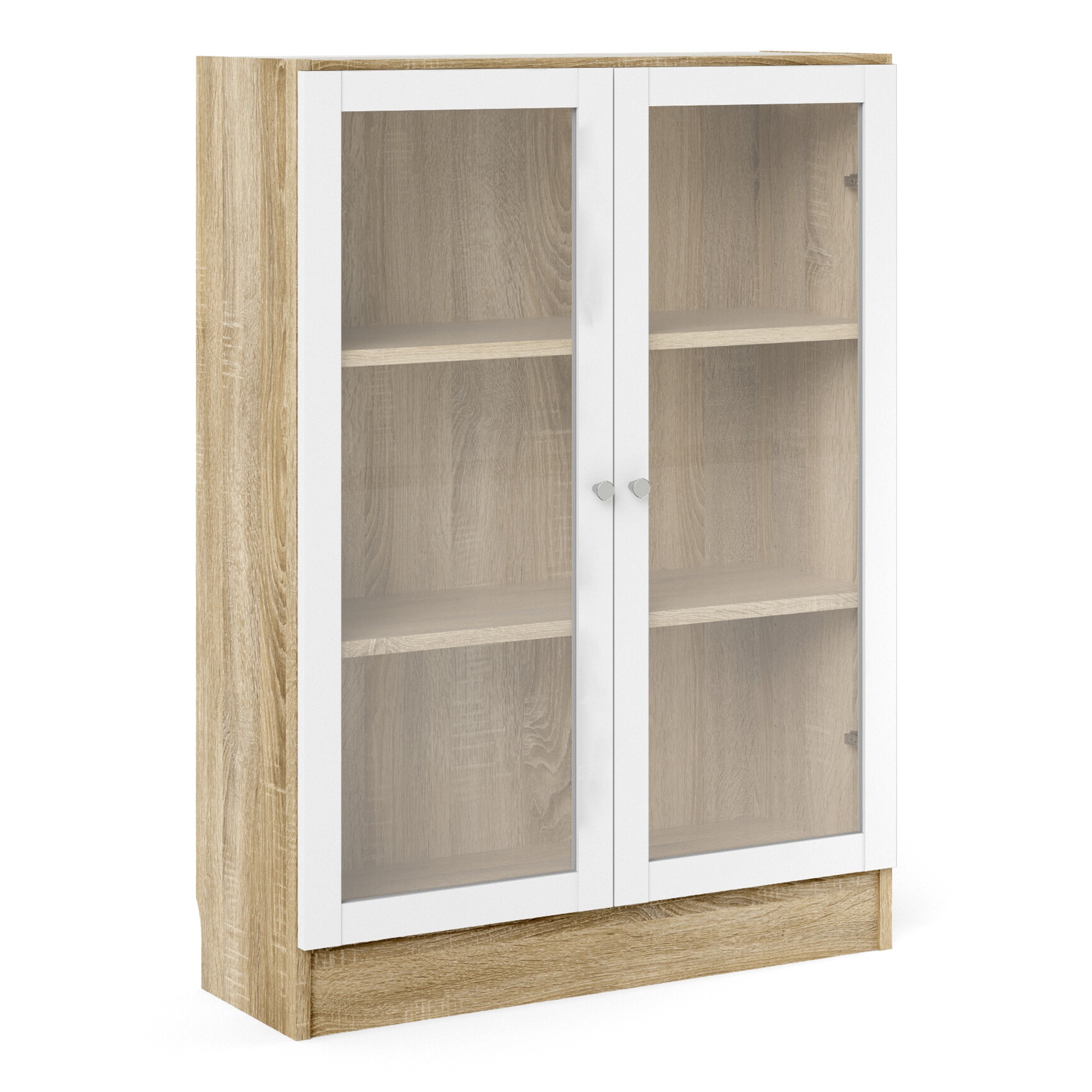 WRAYNE Low Wide Display Cabinet with 2 Shelves and 2 Glass Doors - Oak with White