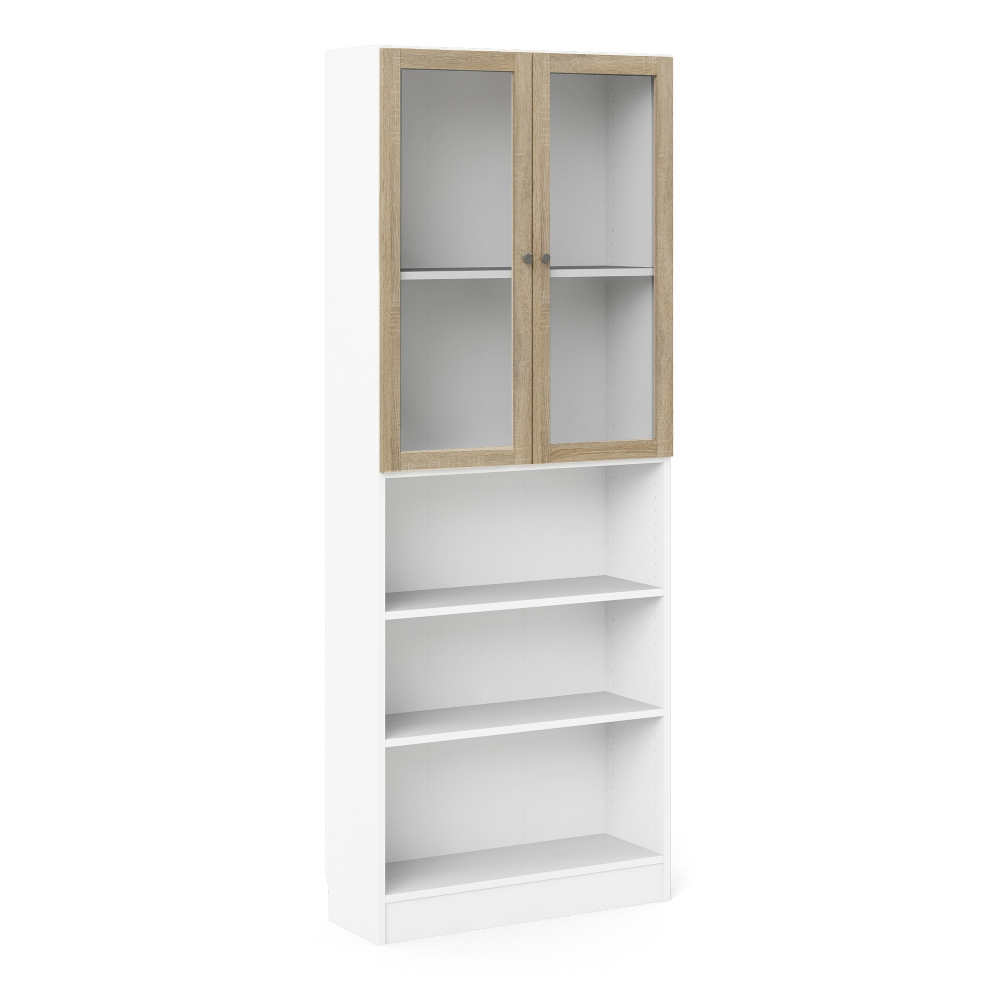 WRAYNE Tall Wide Display Cabinet with 4 Shelves and 2 Glass Doors - White with Oak