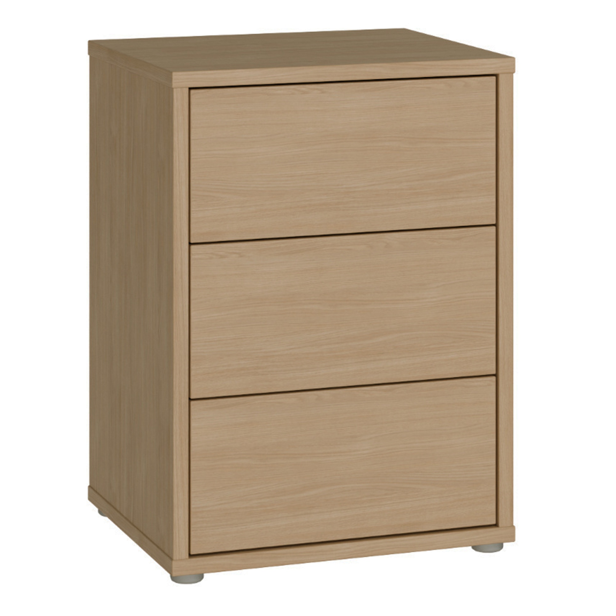 AVELINE Bedside Table Cabinet with 3 Push to Open Drawers - Elegancia Oak