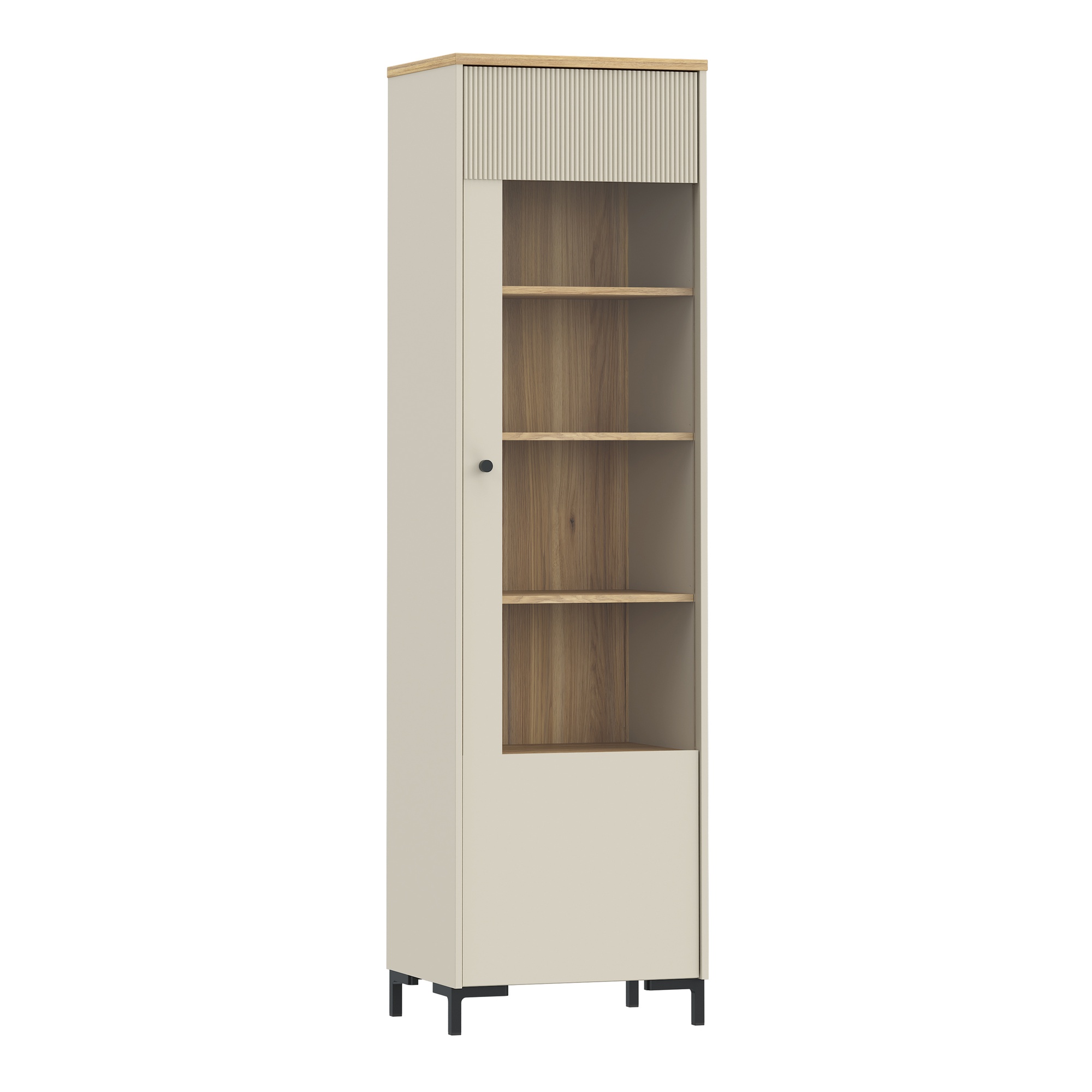 ZENVITE Tall Display Cabinet with Fluted Detail, Door and Open Shelving - Mauvella Oak with Sand