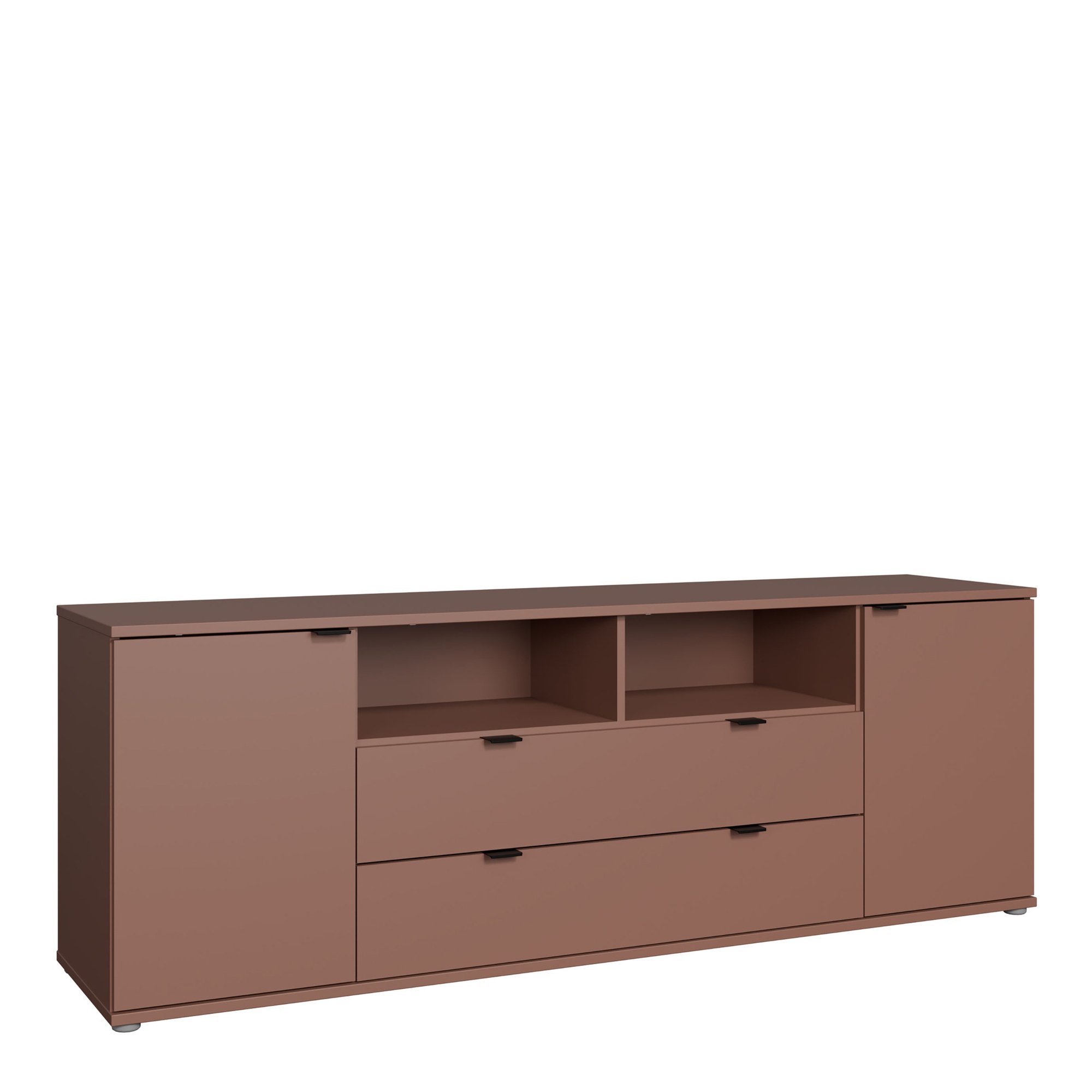 HELION Wide TV Unit Cabinet with Open Shelving, 2 Drawers and 2 Doors - Terracotta