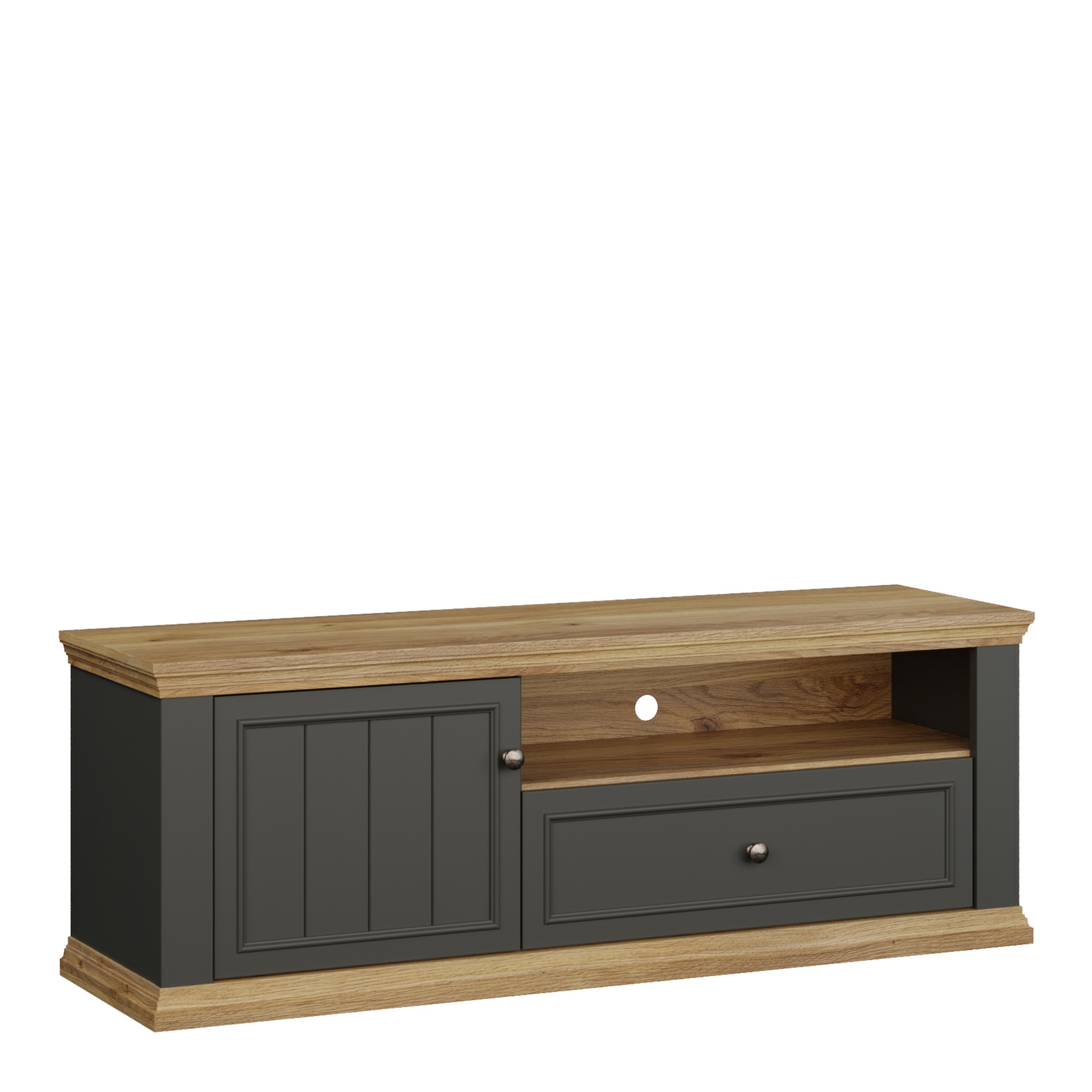 ELMRIDGE TV Unit Cabinet with Drawer and Open Shelf - Grey with Mauvella Oak