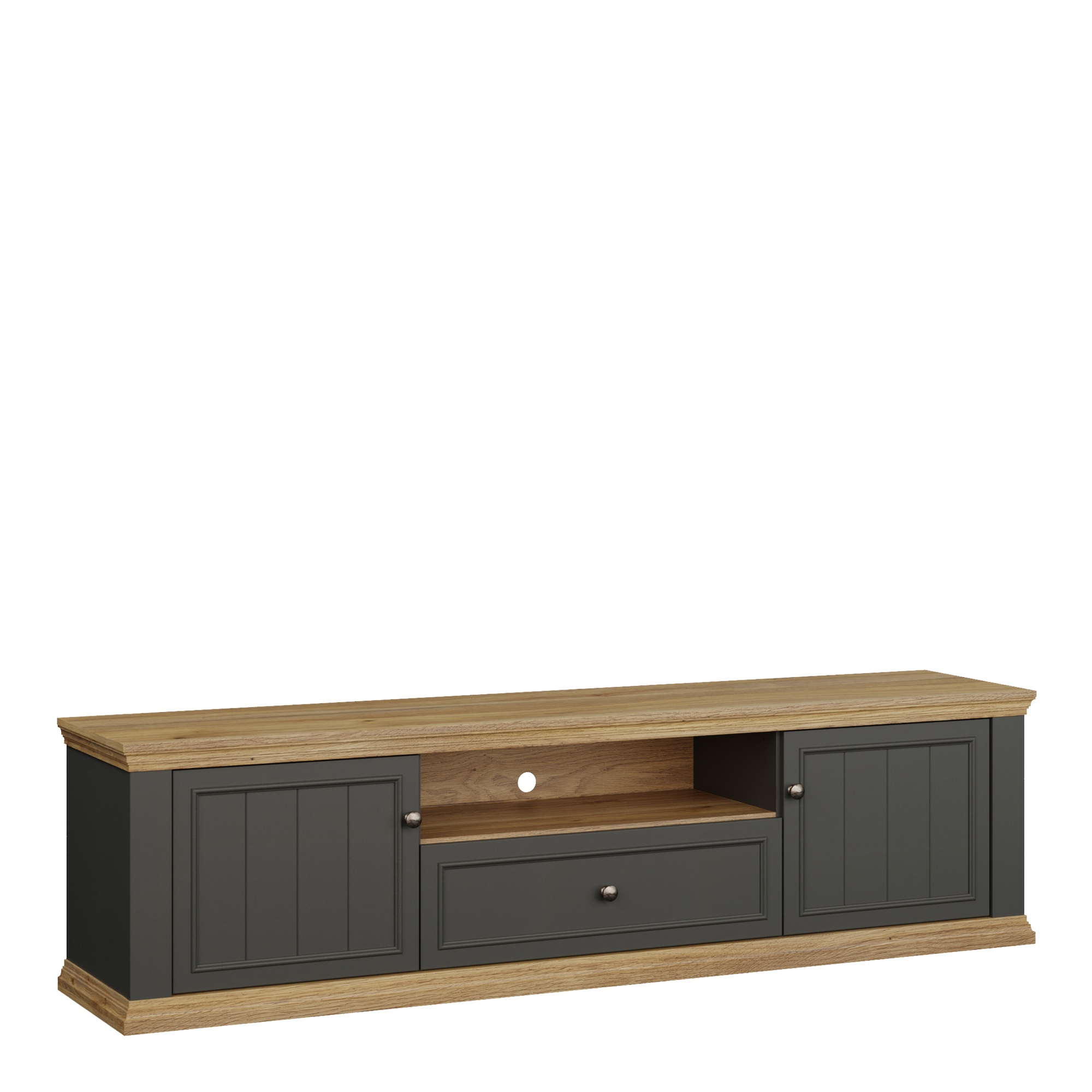ELMRIDGE Wide TV Unit Cabinet with 2 Doors, Drawer and Open Shelf - Grey with Mauvella Oak