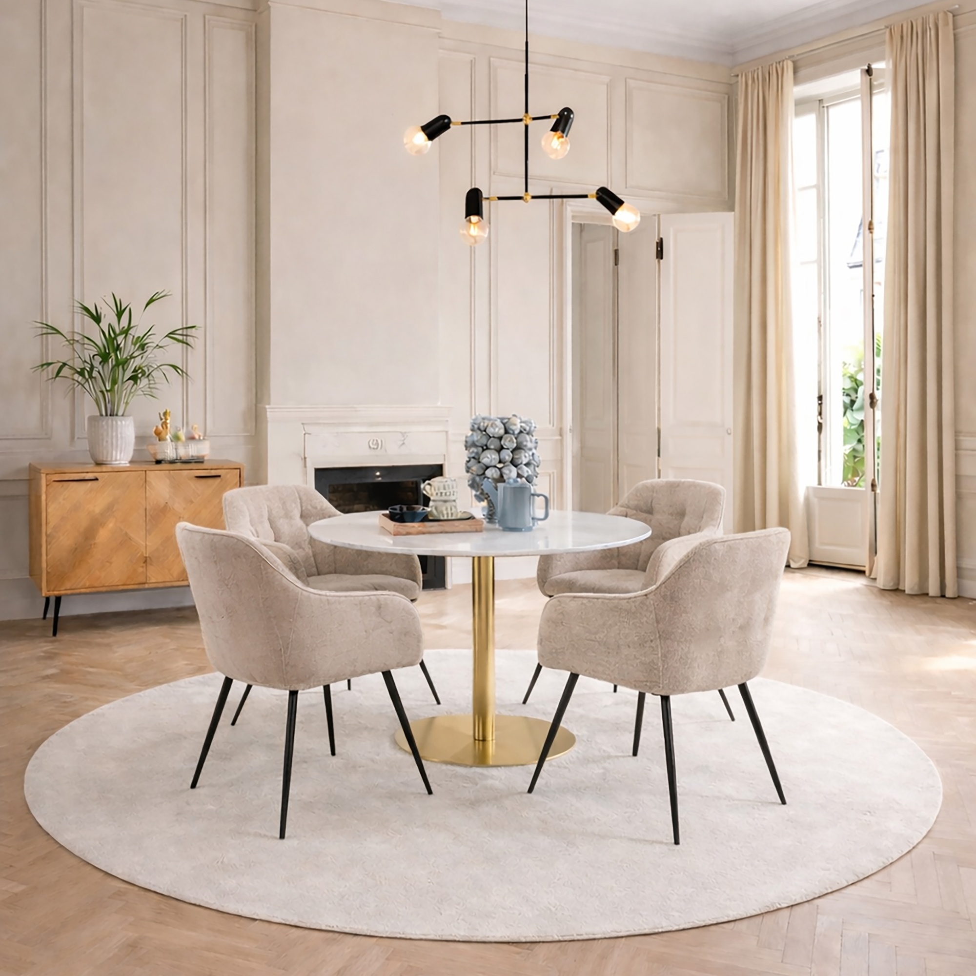 TRENTON Round White Marble Top and Gold Base Dining Table with 4 Brooke Armchairs - Monza Beige