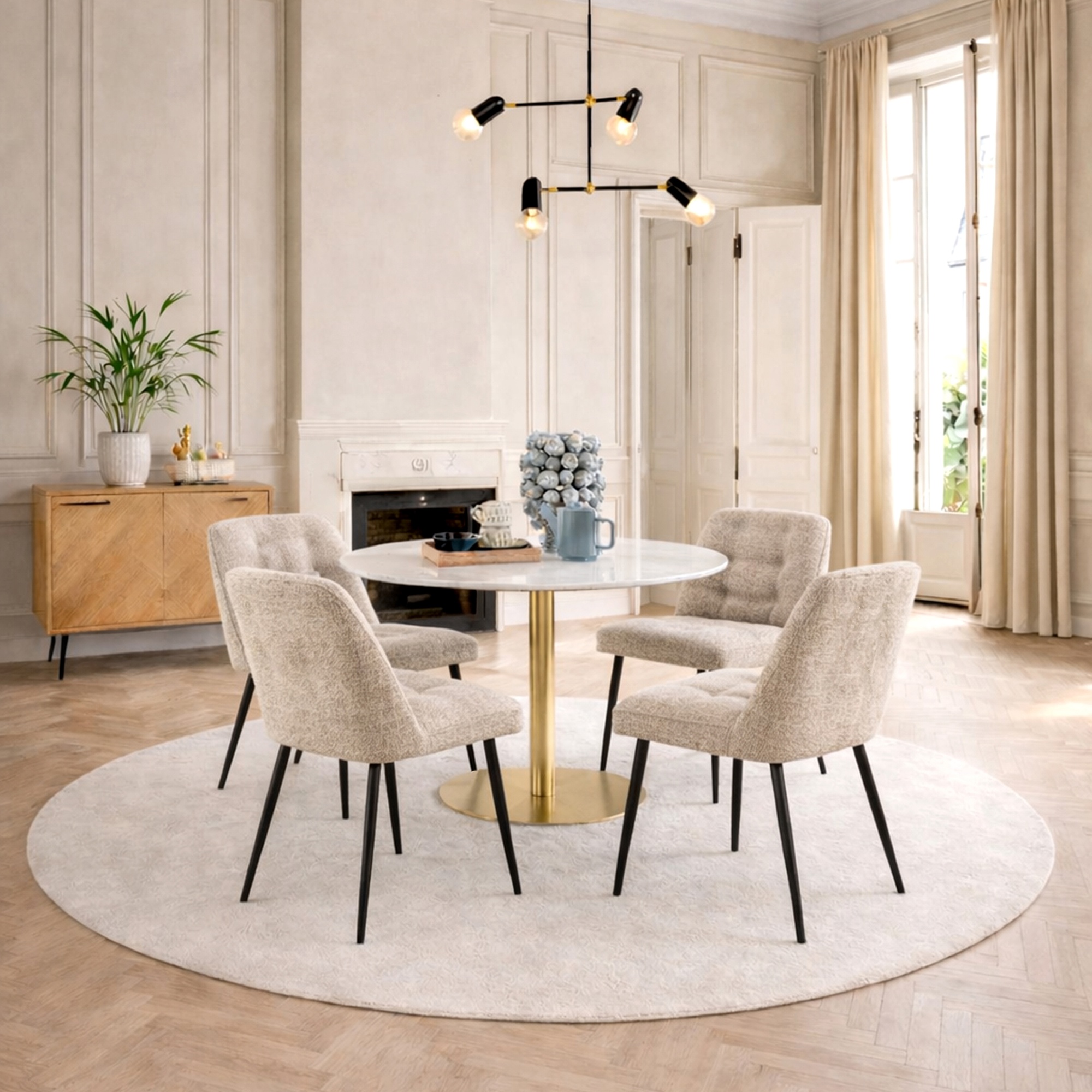 TRENTON Round White Marble Top and Gold Base Dining Table with 4 Brooke Chairs - Beige
