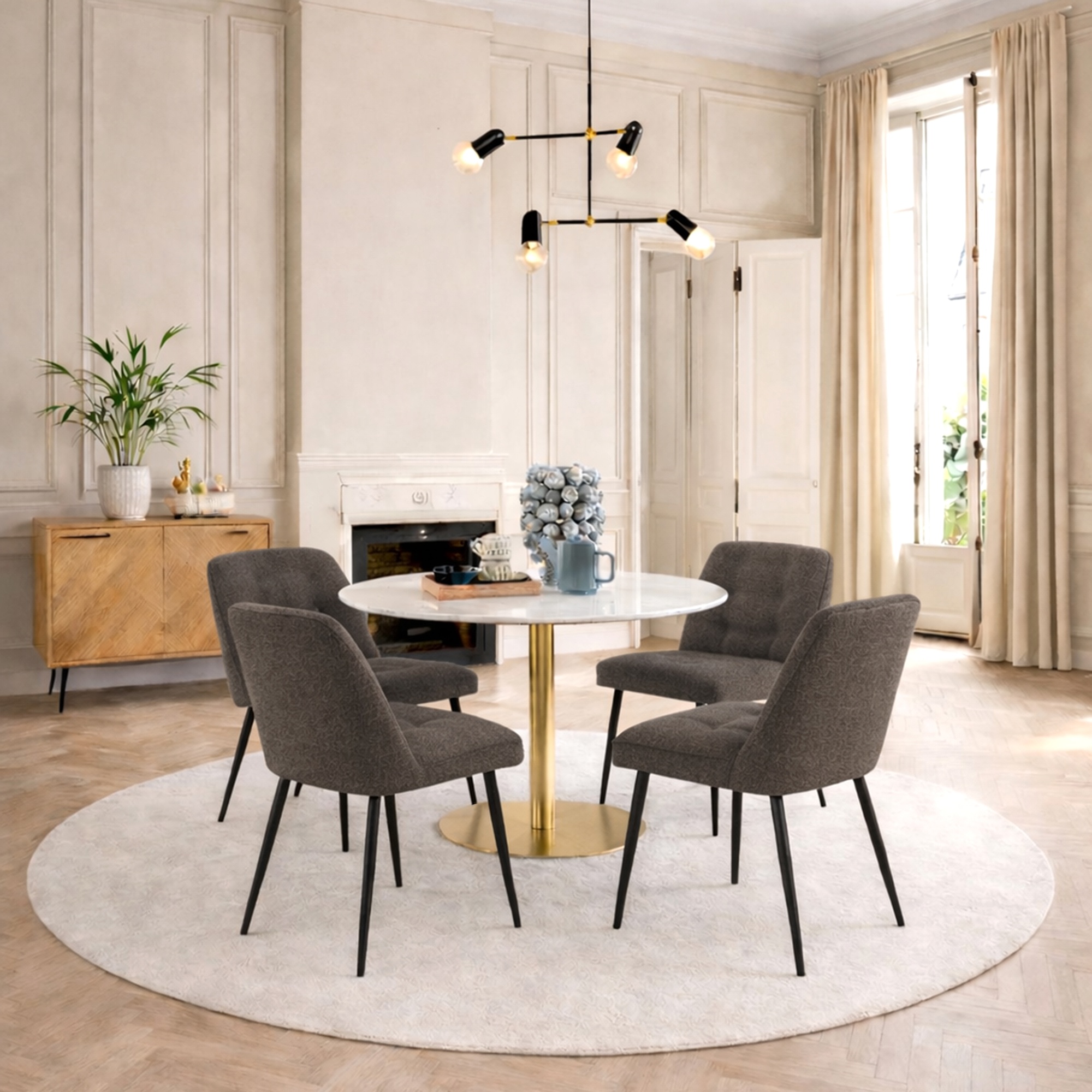 TRENTON Round White Marble Top and Gold Base Dining Table with 4 Brooke Chairs - Taupe