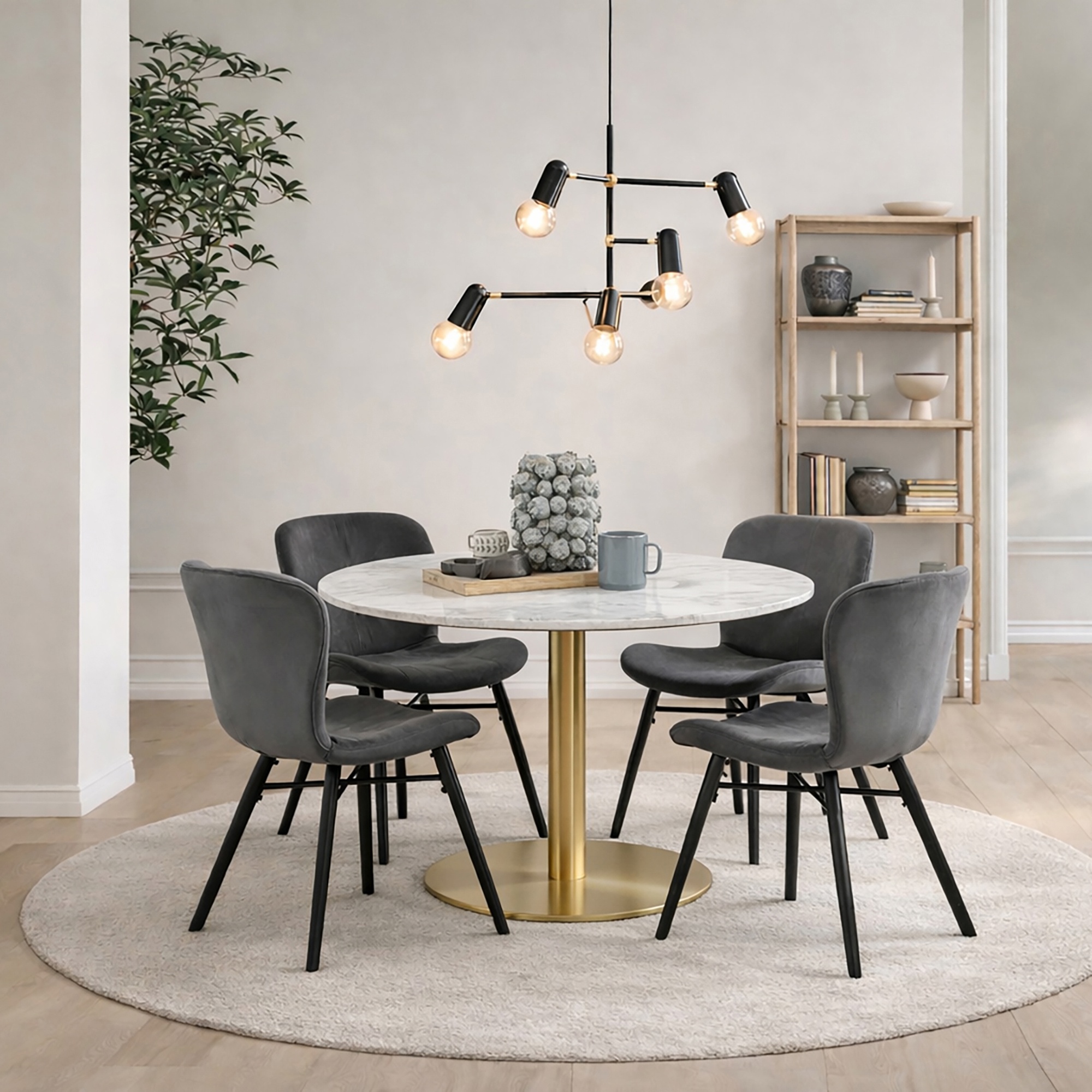 TRENTON Round White Marble Top and Gold Base Dining Table with 4 Batilda Chairs - Dark Grey