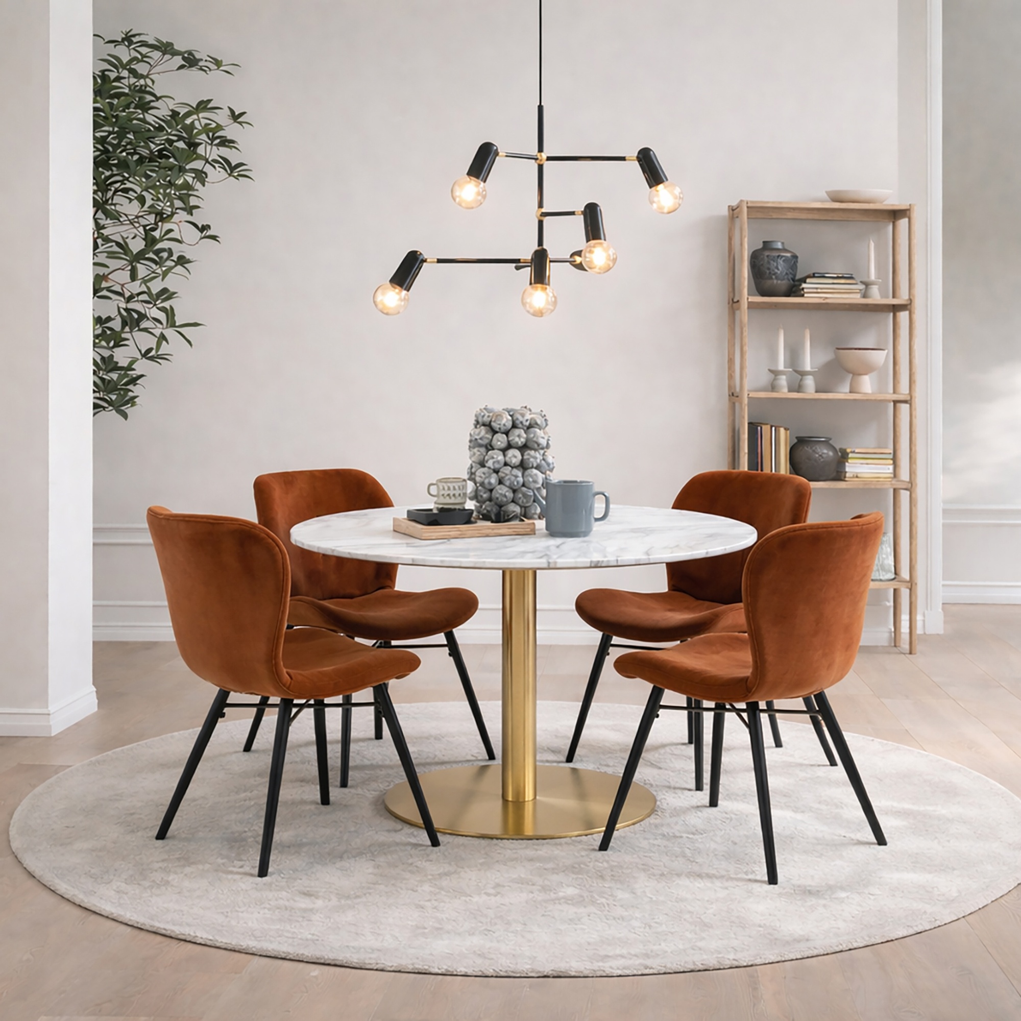 TRENTON Round White Marble Top and Gold Base Dining Table with 4 Batilda Chairs - Copper