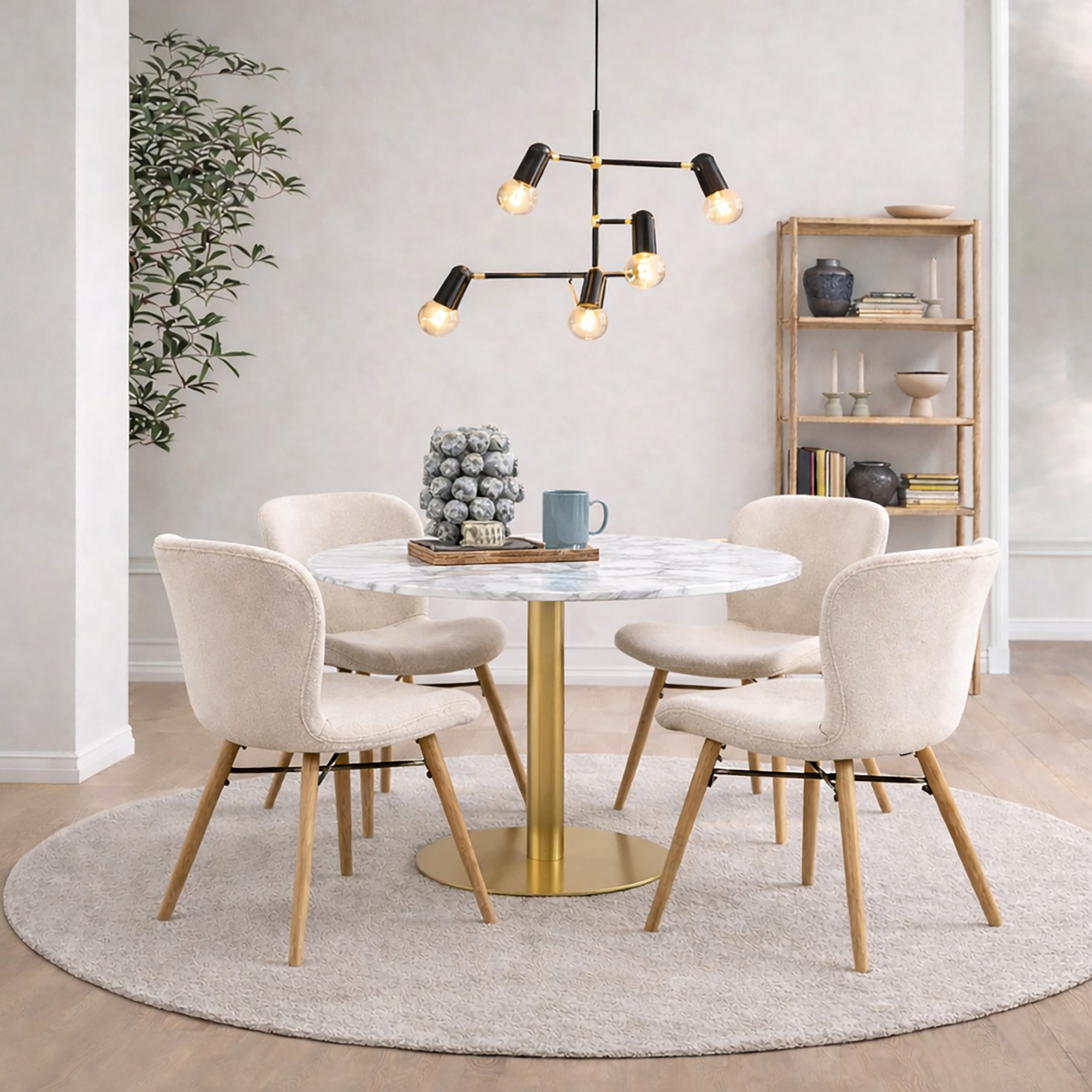 TRENTON Round White Marble Top and Gold Base Dining Table with 4 Batilda Chairs - Cream with Oak