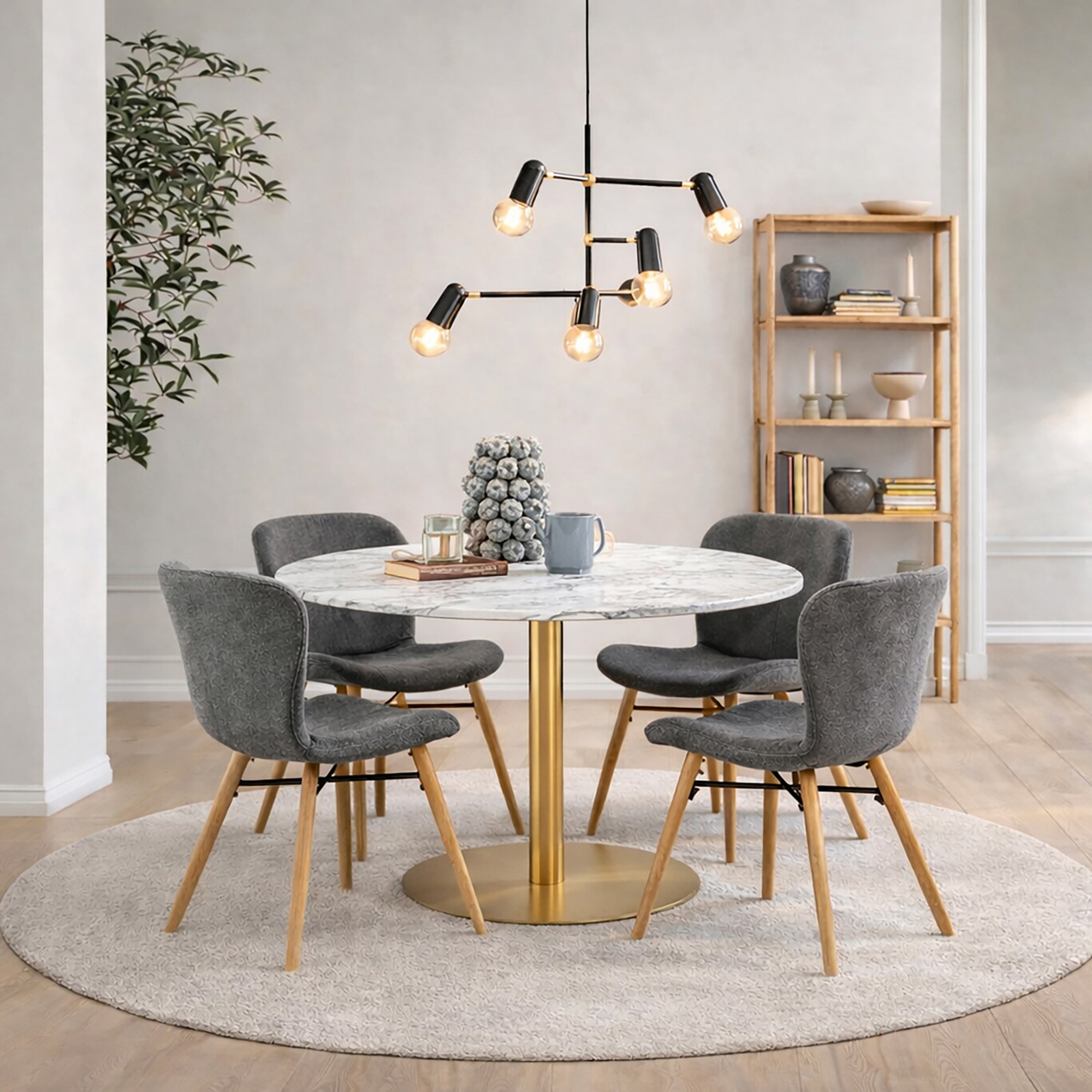 TRENTON Round White Marble Top and Gold Base Dining Table with 4 Batilda Chairs - Grey with Oak