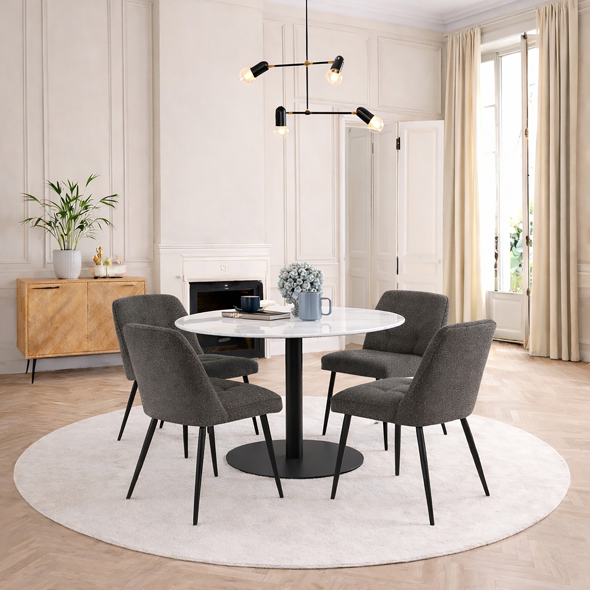 TRENTON Round White Marble Top and Black Base Dining Table with 4 Brooke Chairs - Taupe