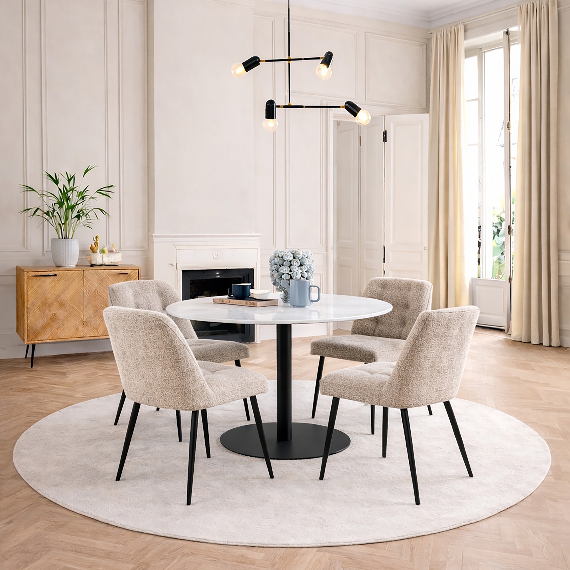 TRENTON Round White Marble Top and Black Base Dining Table with 4 Brooke Chairs - Beige